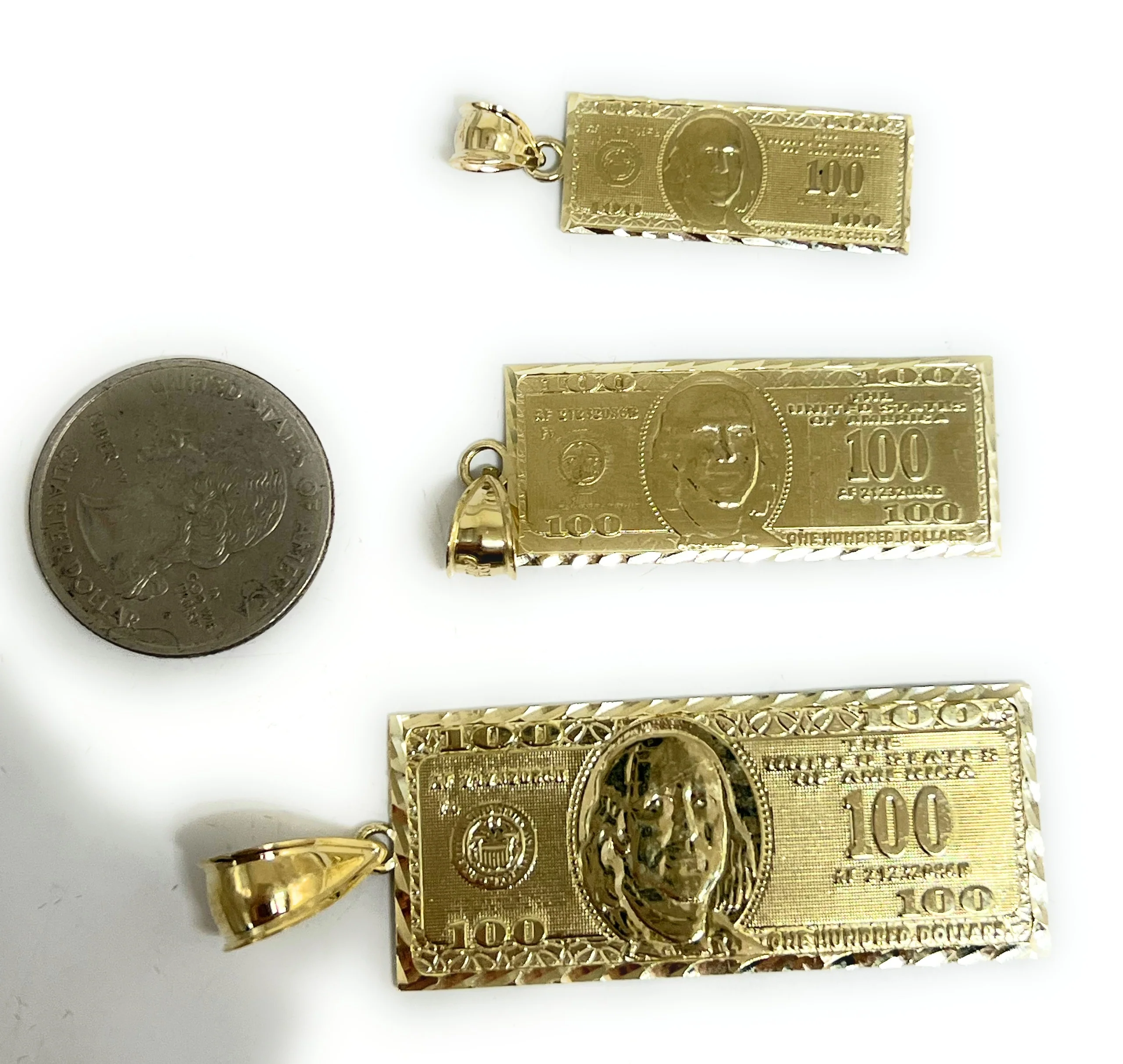 10k Solid Gold 100 Dollar Bill Pendant Necklace (XS, SM, MED, LG) - Image 3