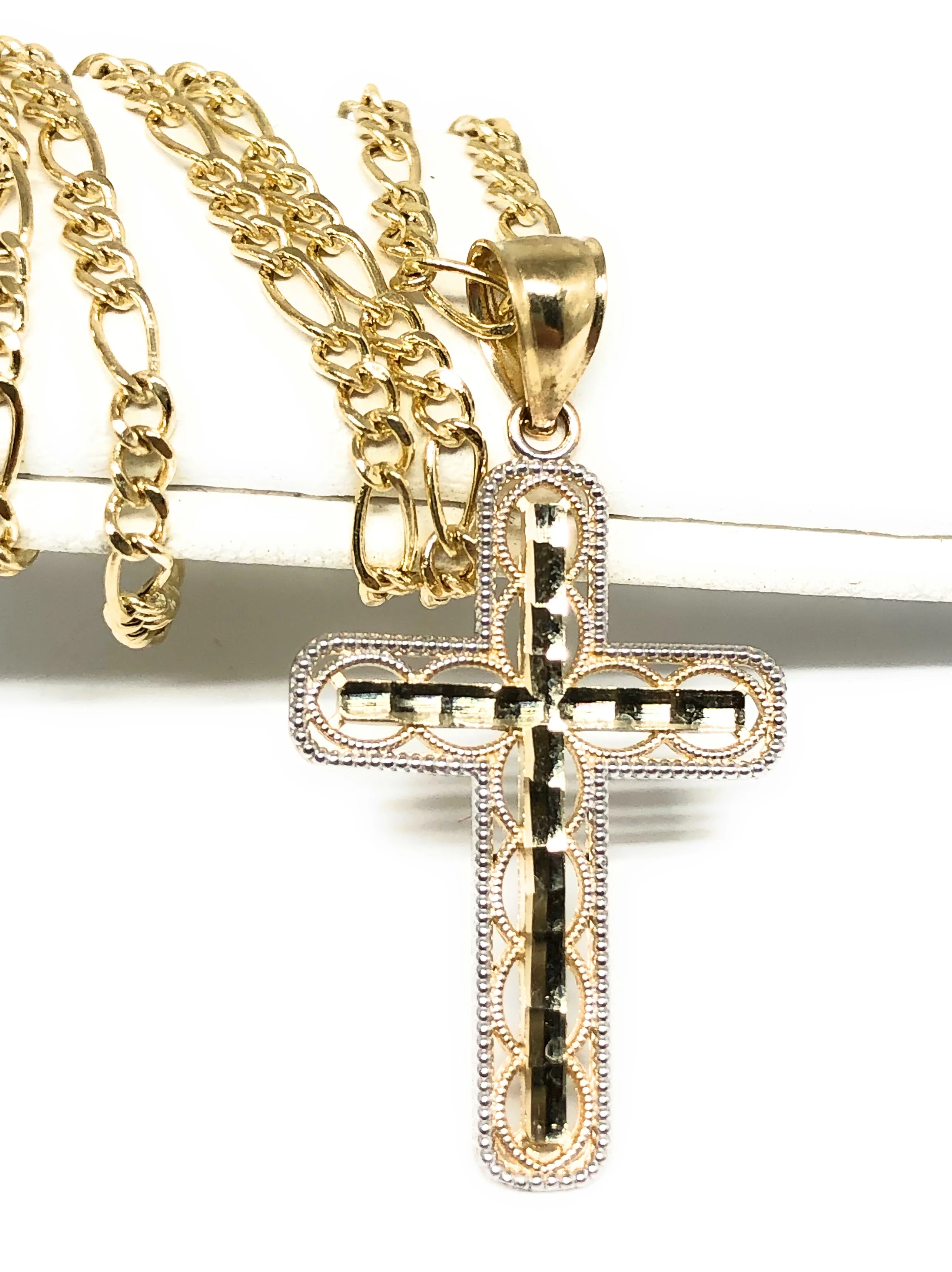10k Solid Gold 2-Tone Classic Cross Pendant Necklace Crucifix With Figaro Chain - Image 3