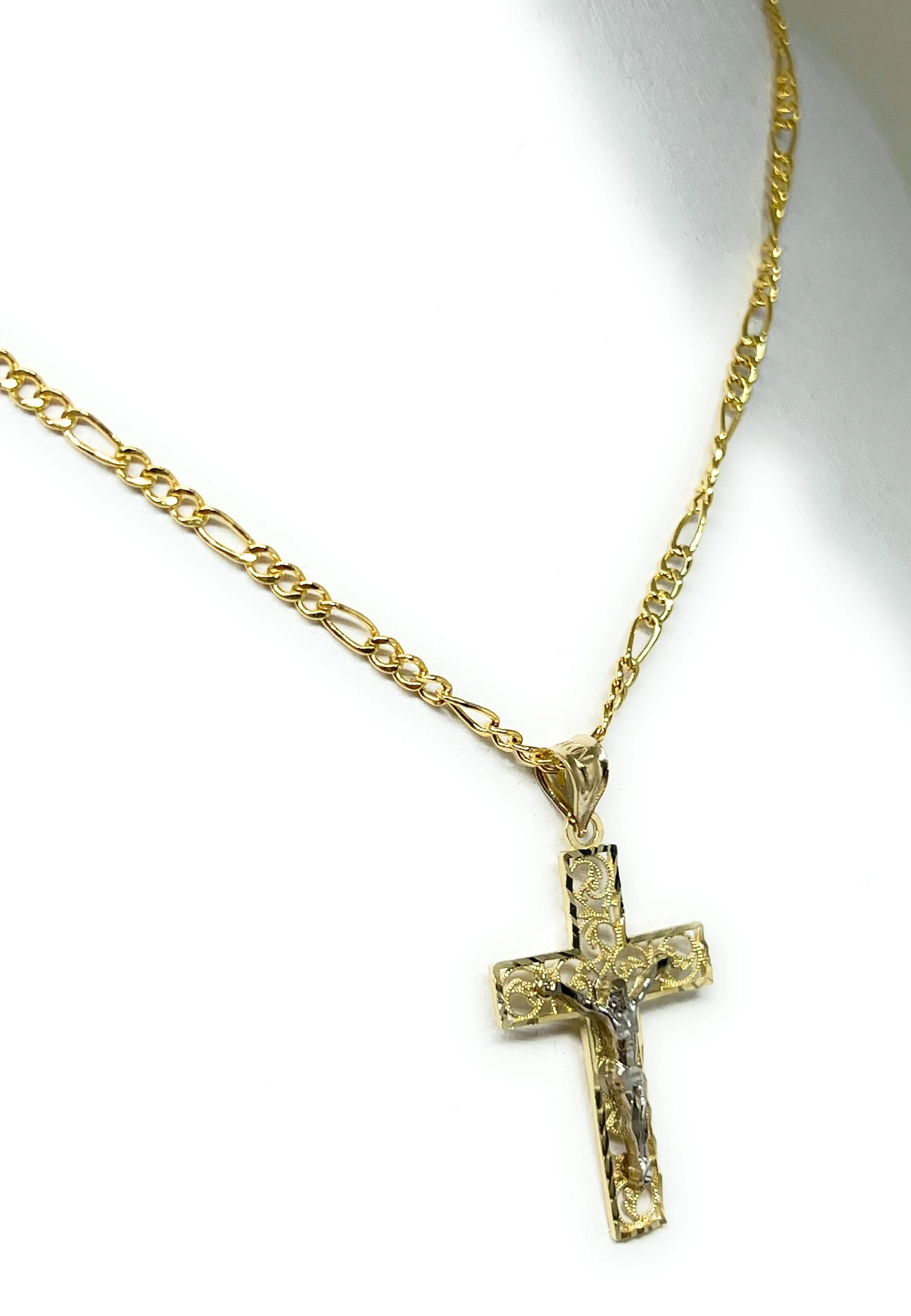 10k Solid Gold 2-Tone Filigran Jesus Cross Crucifix Pendant Necklace - Image 6
