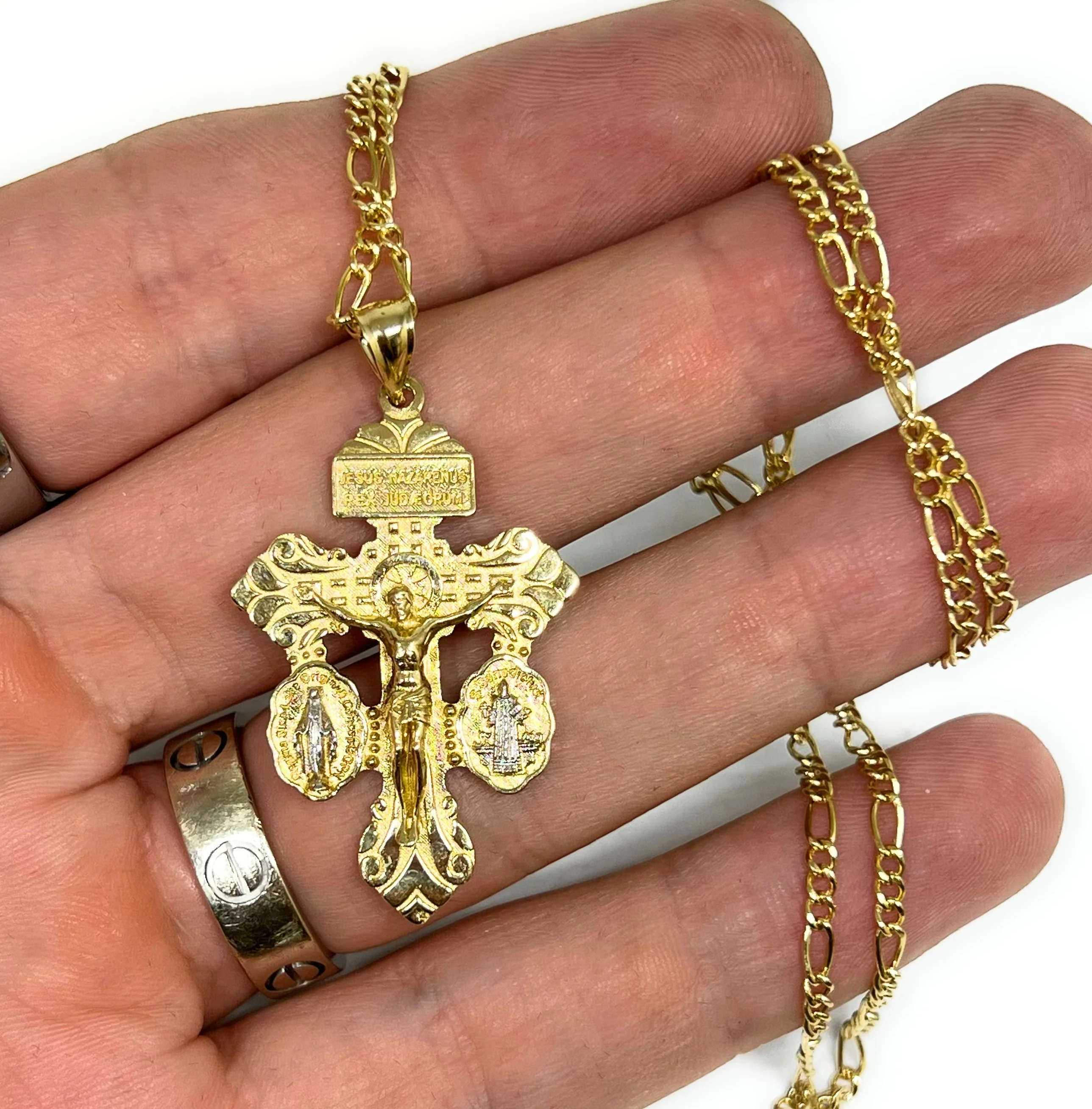 10k Solid Gold 2-Tone Jesus Crucifix Pendant Necklace With Virrgin Mary, Sann Bennito (5.2g) - Image 2