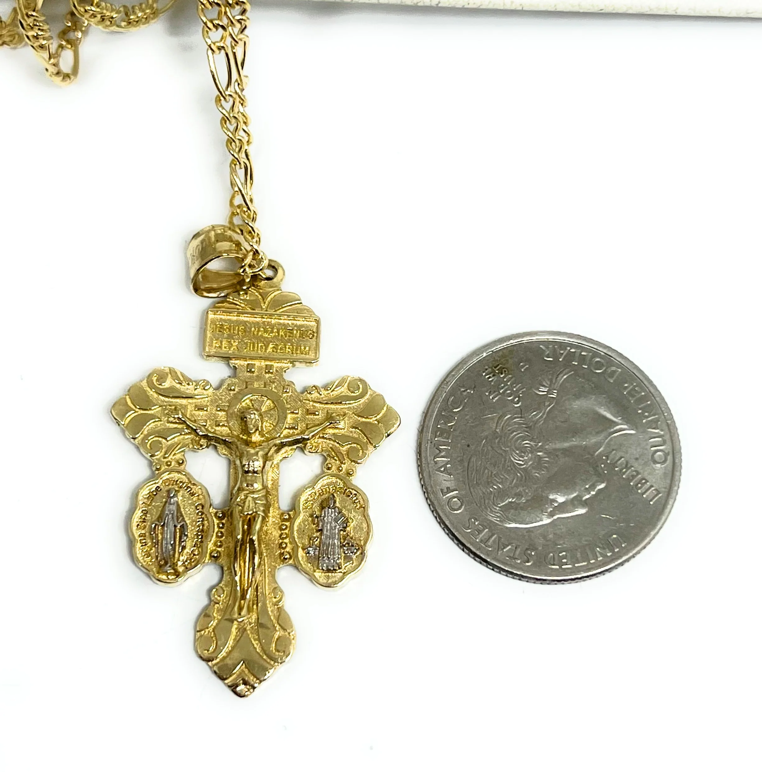10k Solid Gold 2-Tone Jesus Crucifix Pendant Necklace With Virrgin Mary, Sann Bennito (5.2g) - Image 3