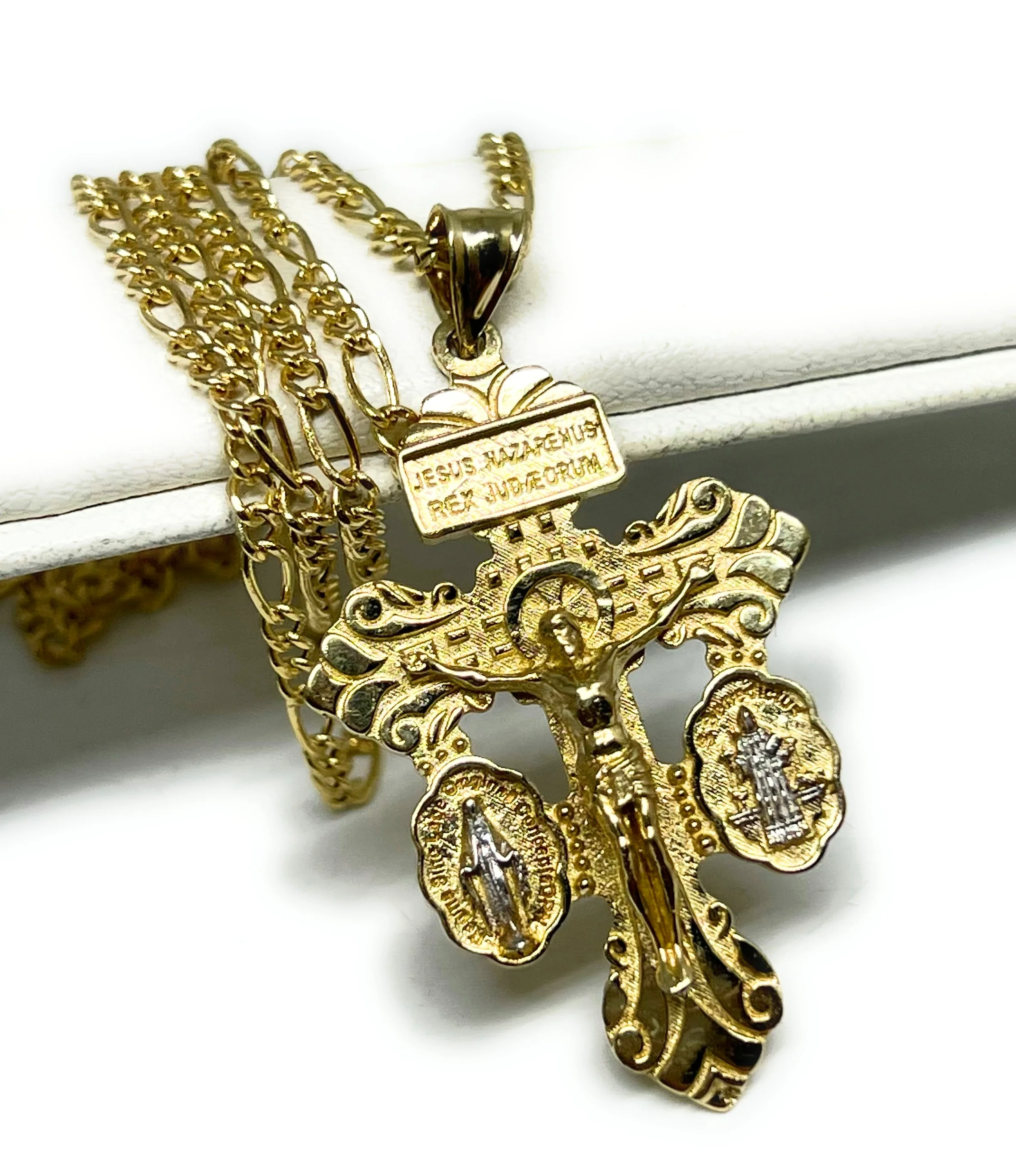 10k Solid Gold 2-Tone Jesus Crucifix Pendant Necklace With Virrgin Mary, Sann Bennito (5.2g) - Image 4