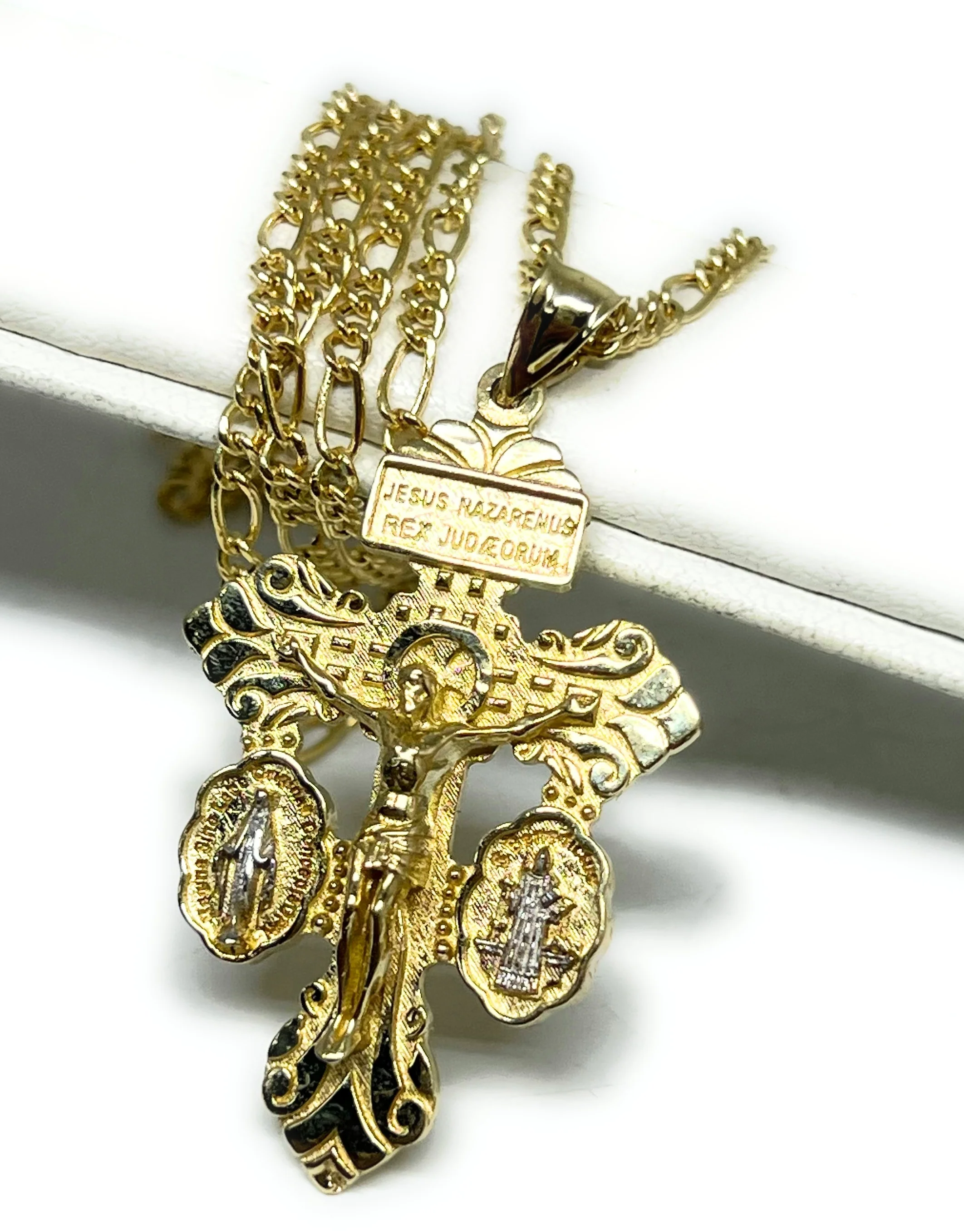 10k Solid Gold 2-Tone Jesus Crucifix Pendant Necklace With Virrgin Mary, Sann Bennito (5.2g) - Image 5