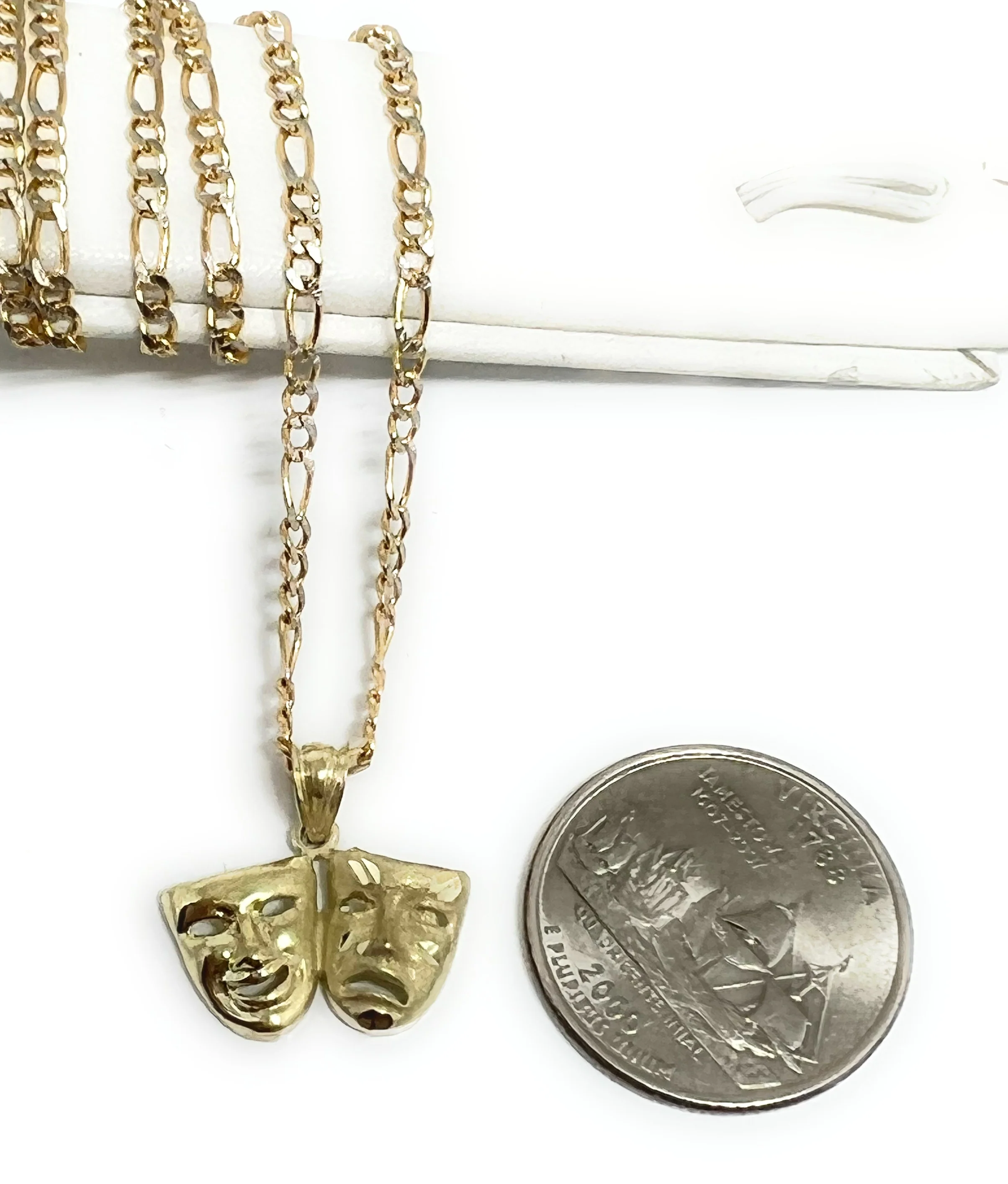 10k Solid Gold Classic Drama Faces (SMILE NOW CRY LATER) Pendant Necklace with Figaro Chain - Image 2