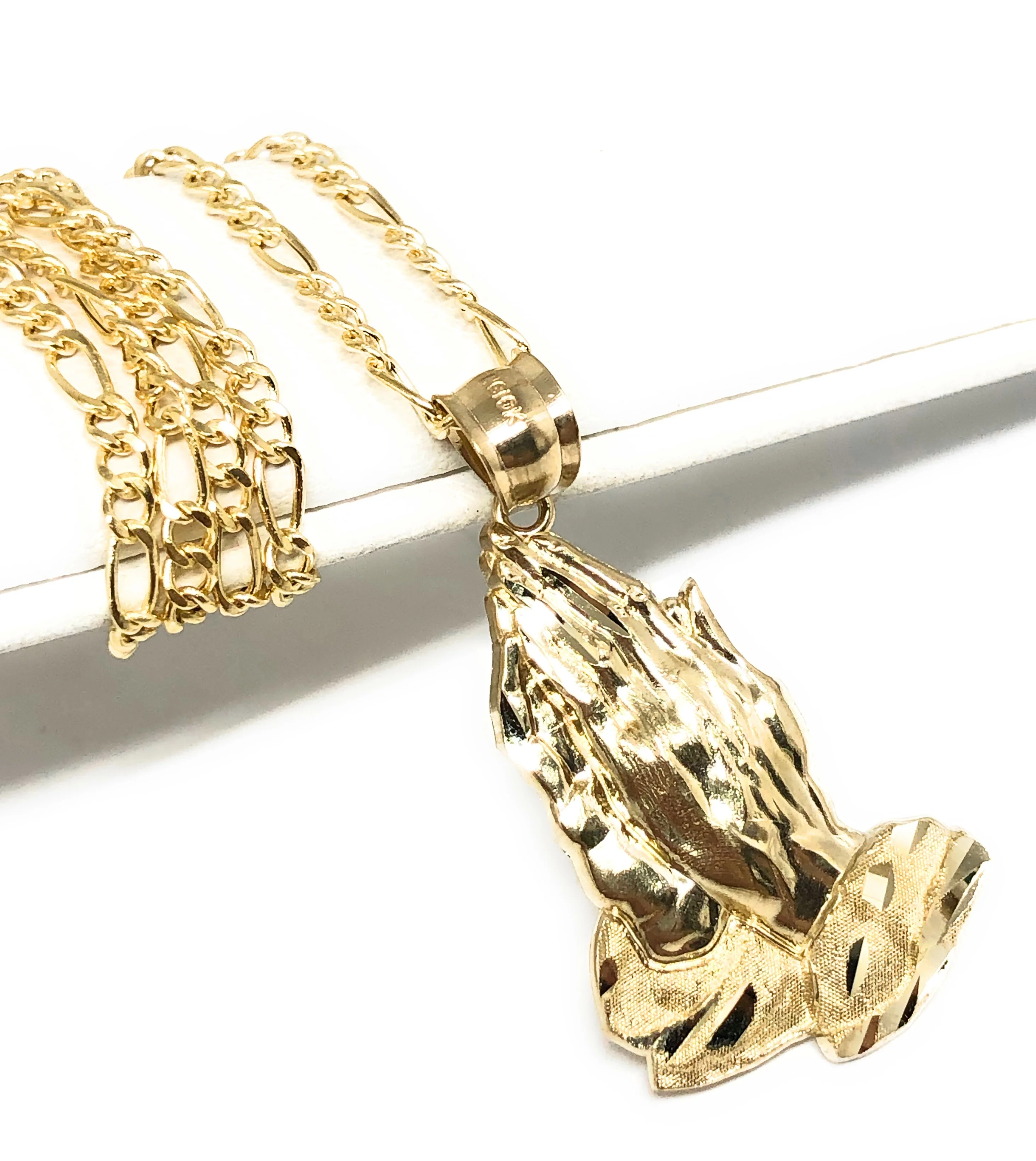 10k Solid Gold Classic Praying Hands Pendant Necklace (LEFT FACING) (MED,LG) - Image 4