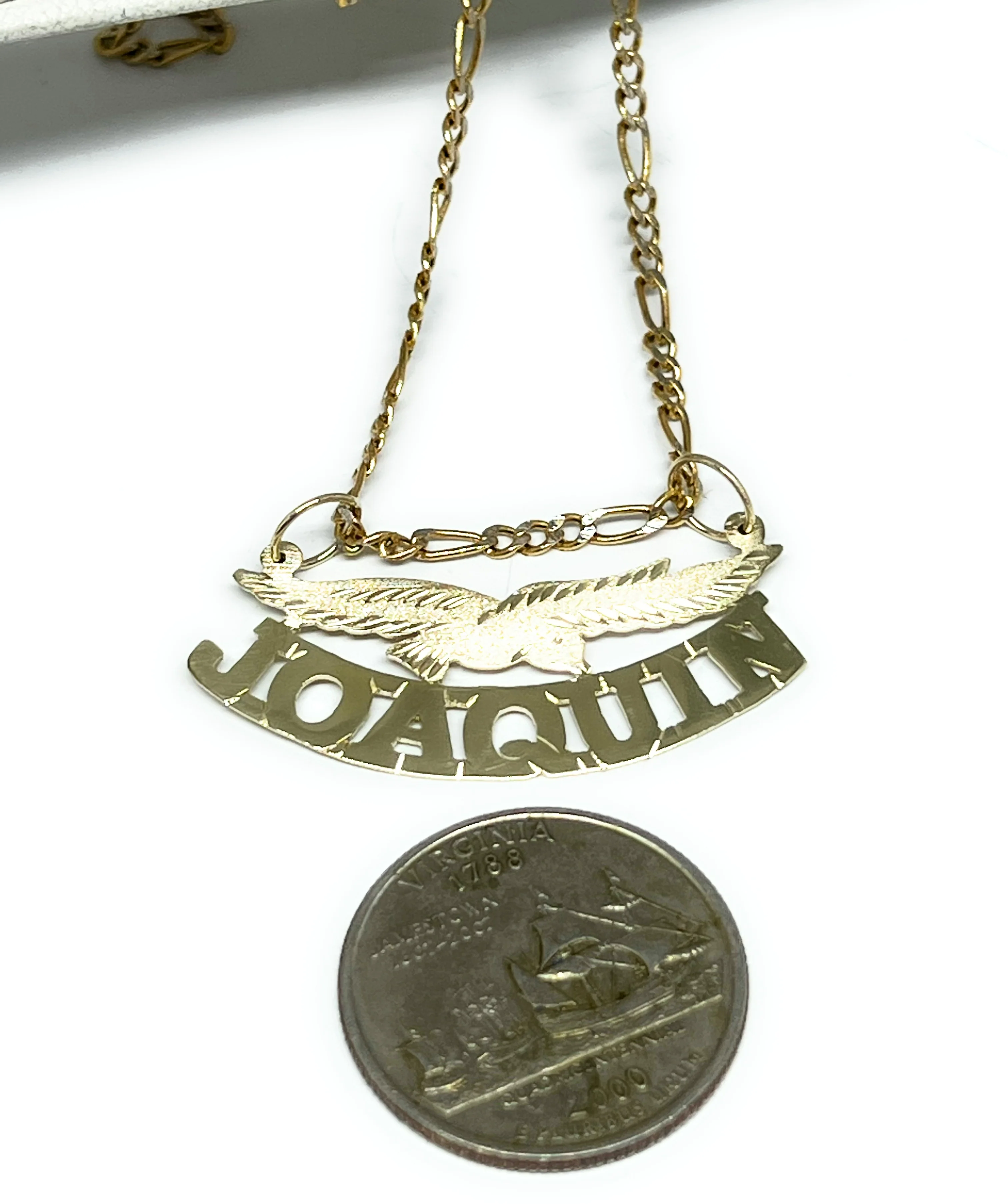 10k Solid Gold Custom BLOCK STYLE EAGLE Nameplate Pendant Necklace with Chain Options - Image 2
