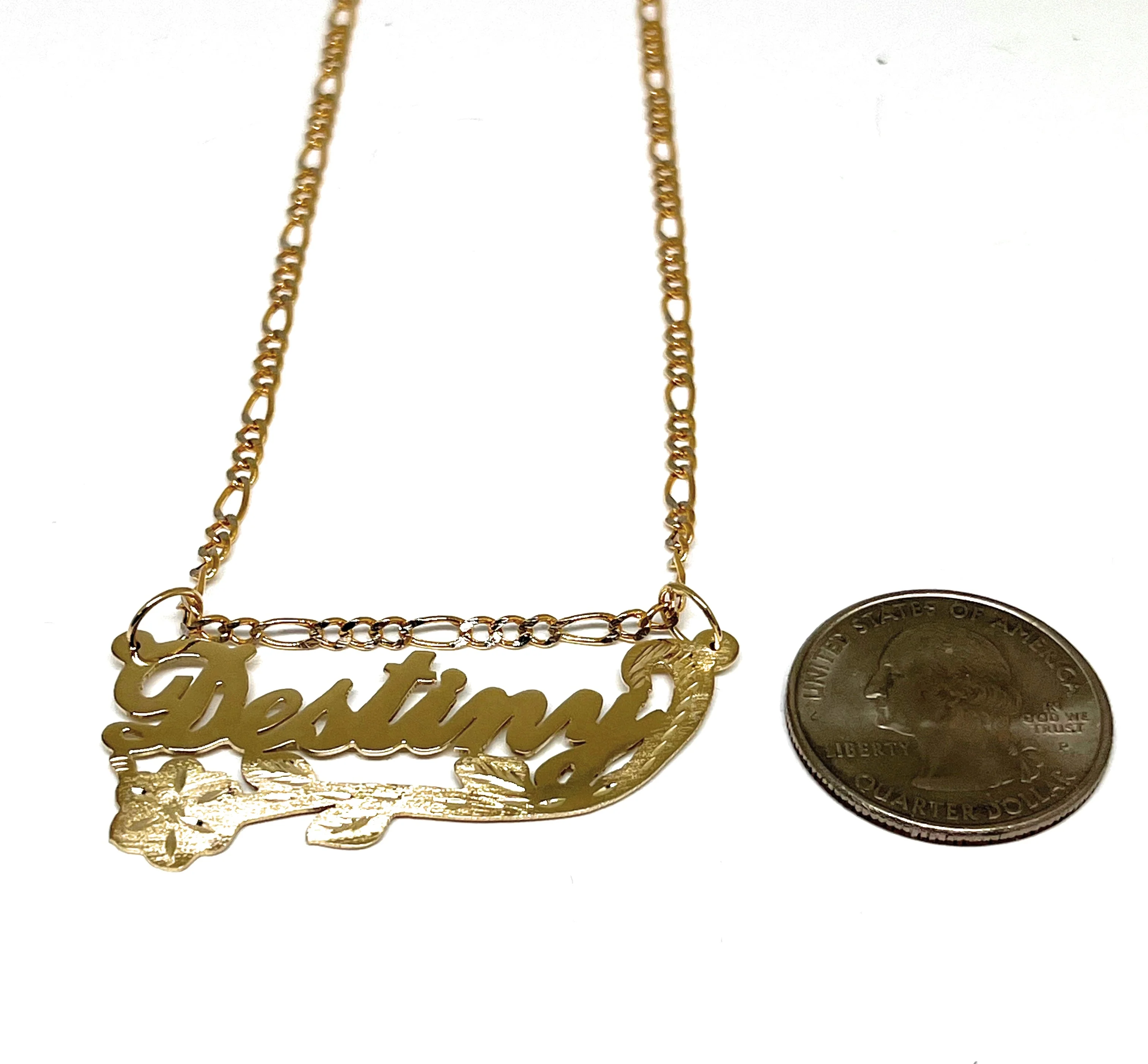 10k Solid Gold Custom CURSIVE ROSE & STEM Nameplate Pendant Necklace with Chain Options - Image 2