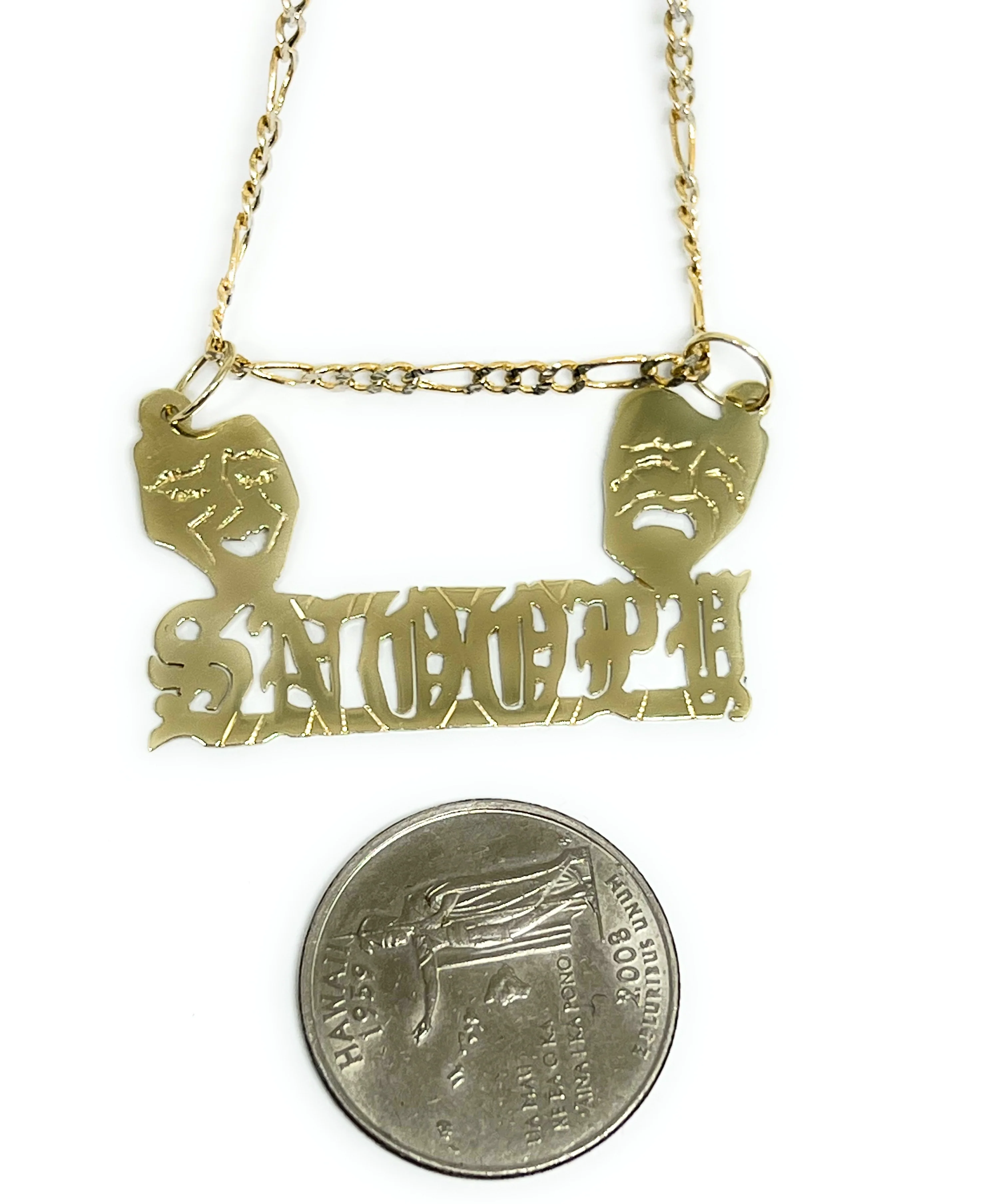 10k Solid Gold Custom SMILE NOW, CRY LATER DRAMA FACE OLD ENGLISH Nameplate Pendant Necklace - Image 2