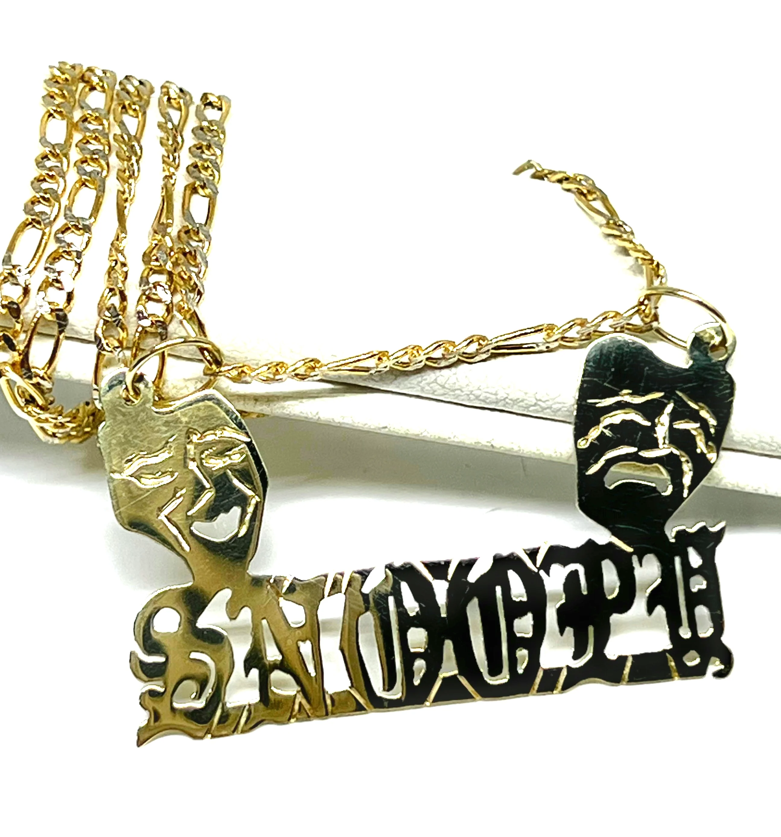 10k Solid Gold Custom SMILE NOW, CRY LATER DRAMA FACE OLD ENGLISH Nameplate Pendant Necklace - Image 3