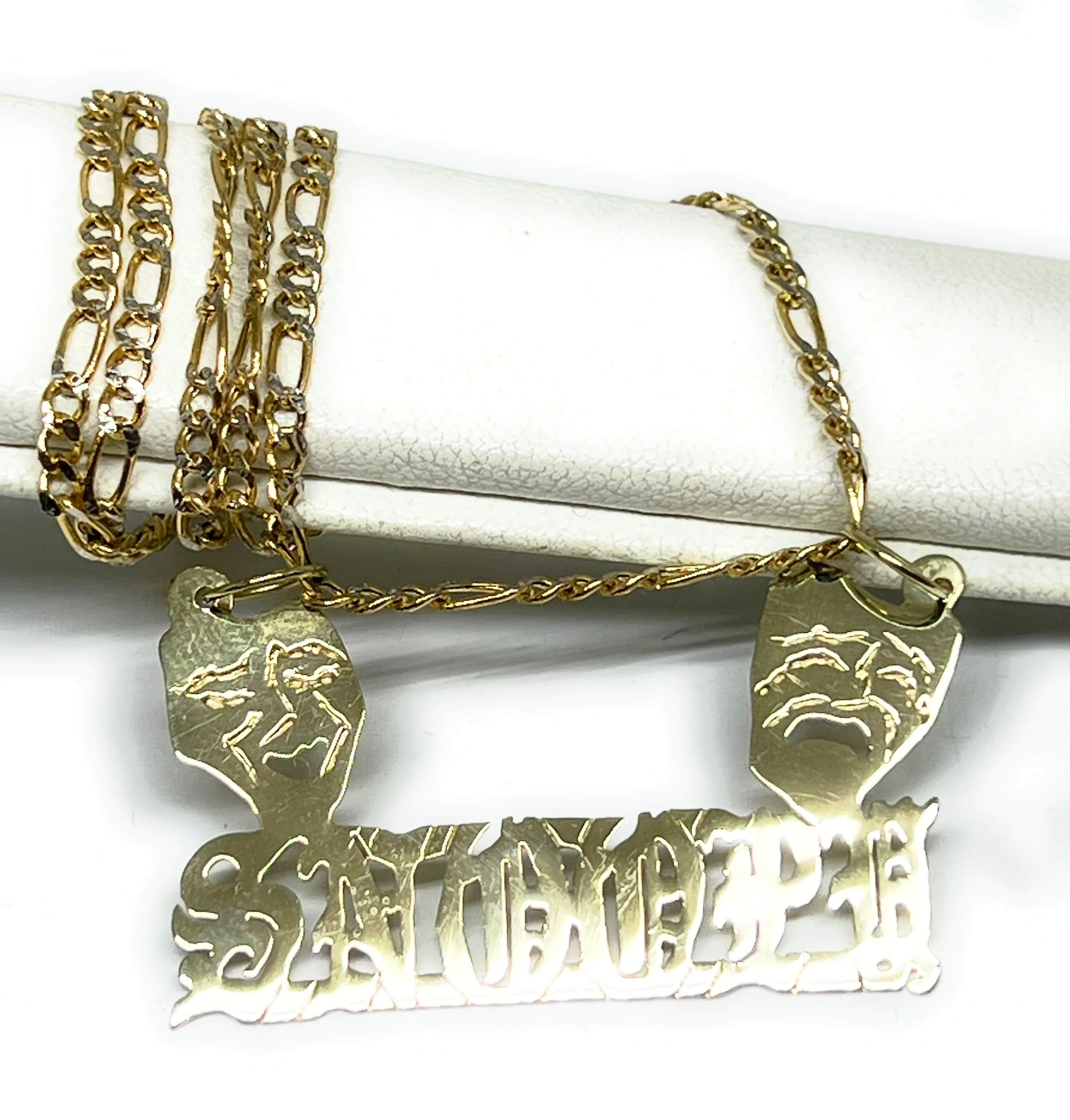 10k Solid Gold Custom SMILE NOW, CRY LATER DRAMA FACE OLD ENGLISH Nameplate Pendant Necklace - Image 5