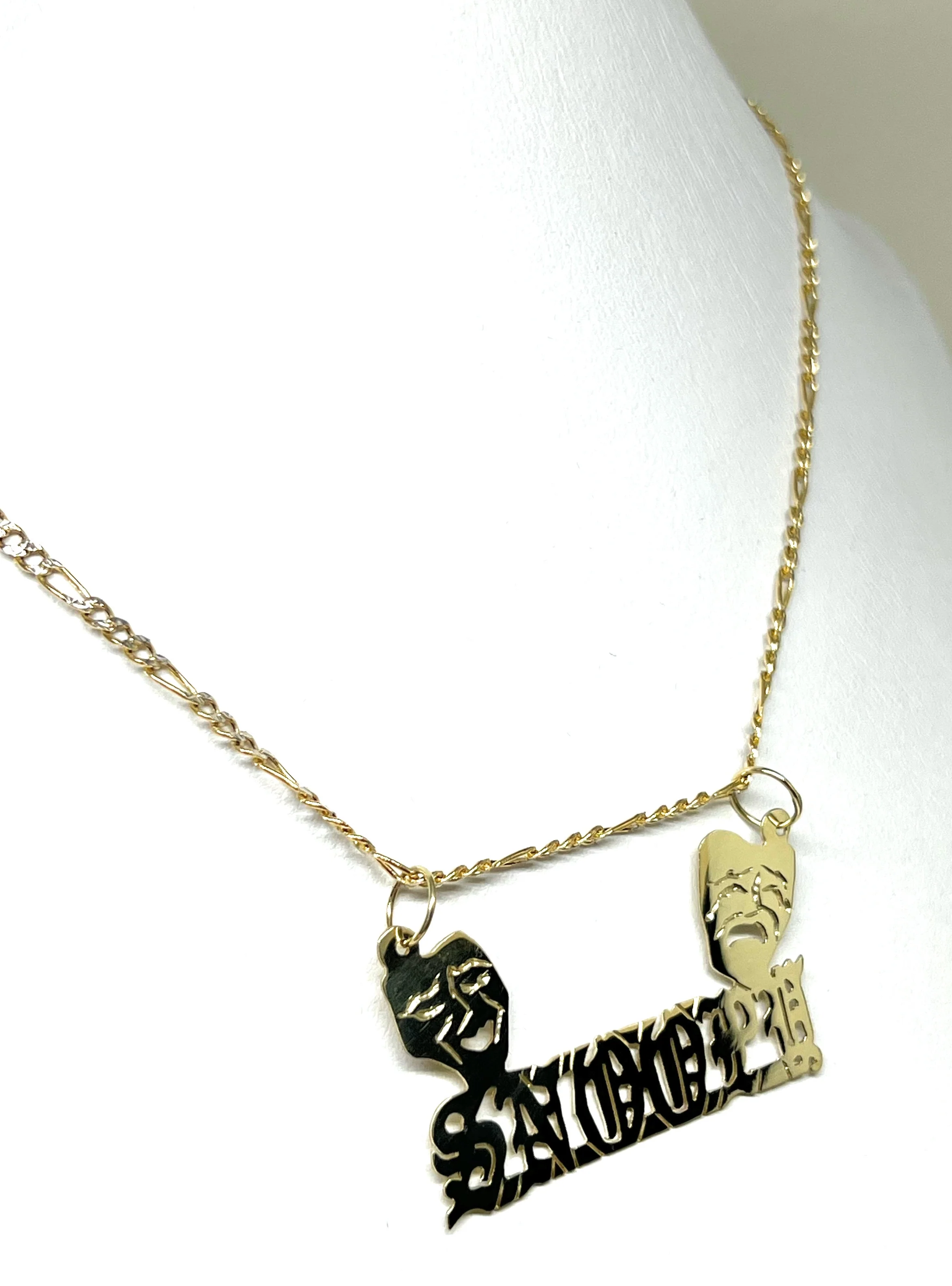 10k Solid Gold Custom SMILE NOW, CRY LATER DRAMA FACE OLD ENGLISH Nameplate Pendant Necklace - Image 7