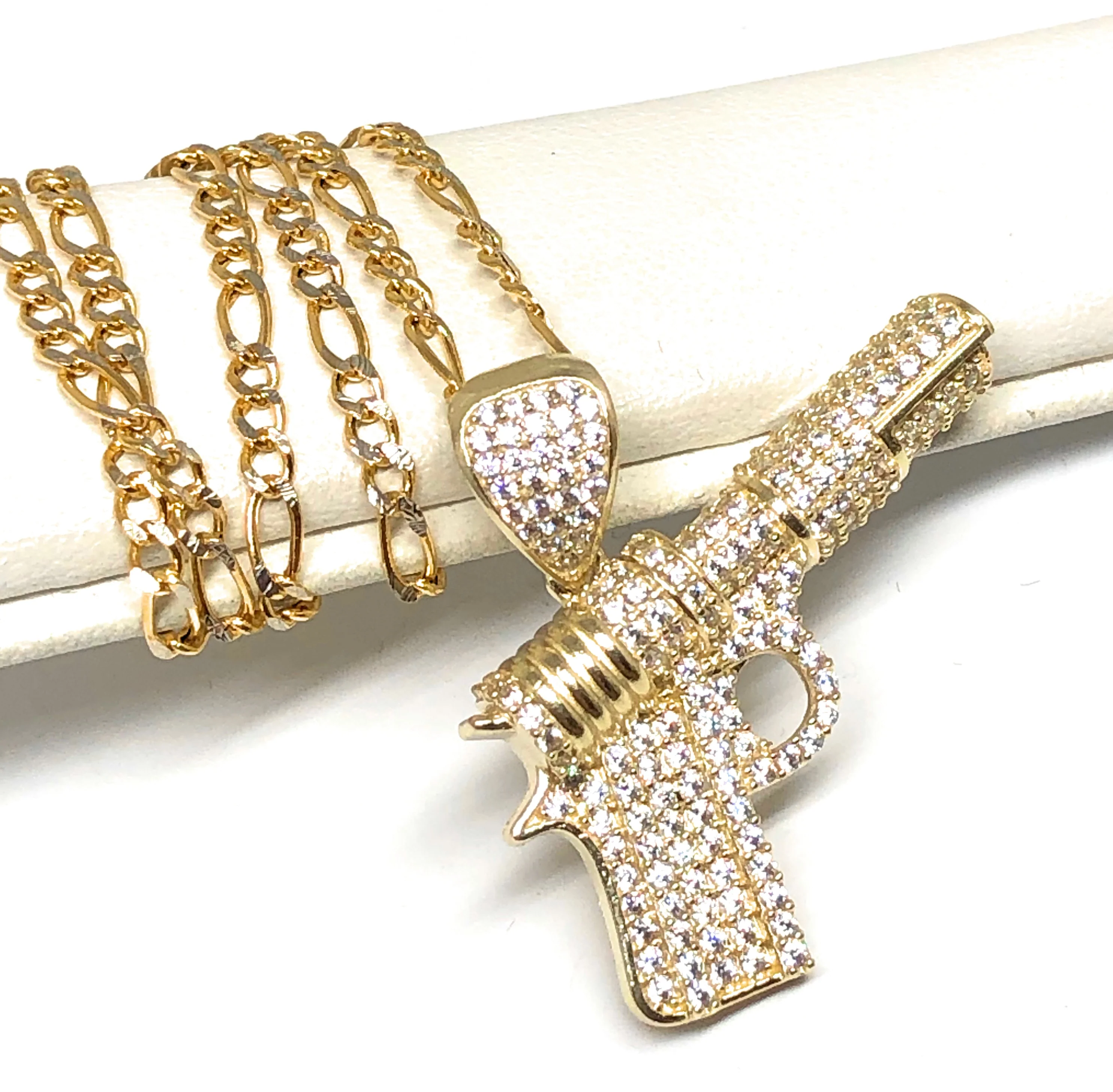 10k Solid Gold CZ Classic Pistol Pendant Necklace - Image 3