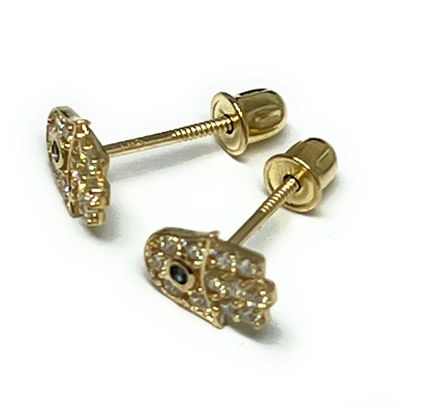 10k Solid Gold CZ Hamsa Evil Eye Mini Dainty Stud Earrings (FCE 05) - Image 2