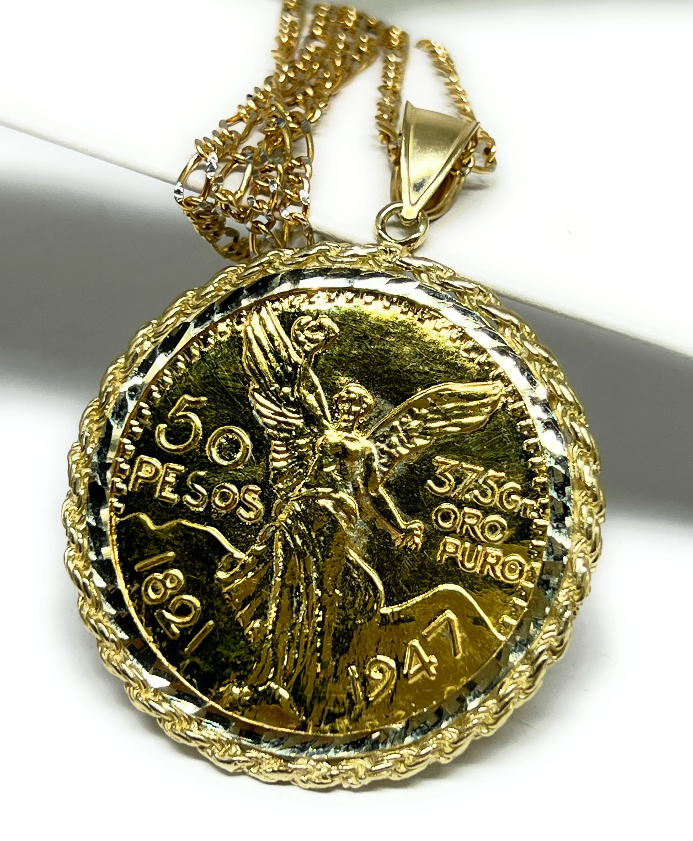 10k Solid Gold Mexican Cenntenario Pendant With Rope Bezel Necklace (20.5g) - Image 6
