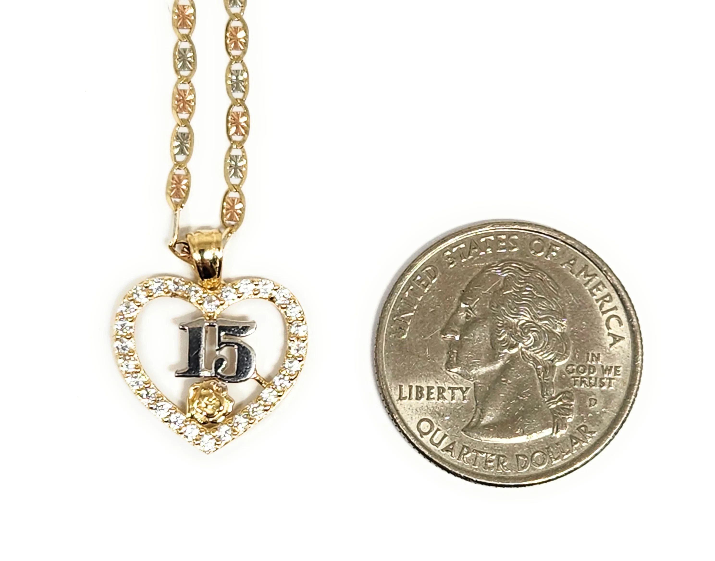 10k Solid Gold Mis 15 Años Flower CZ Pendant Necklace (FC) - Image 2