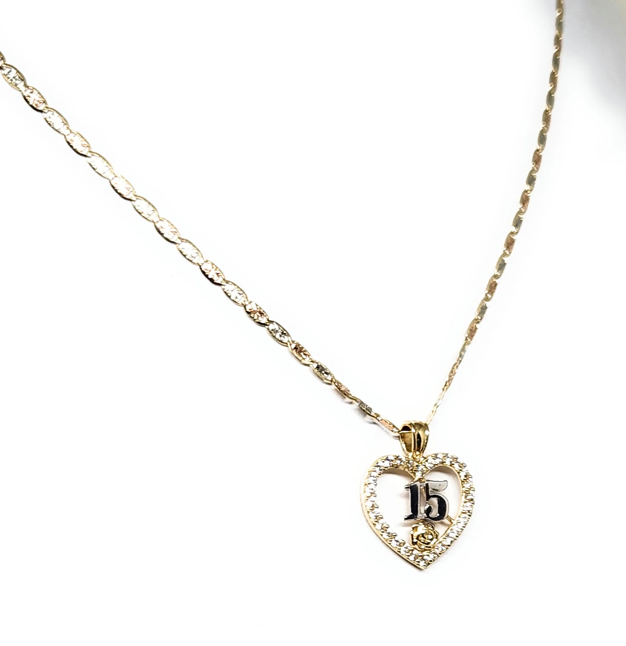 10k Solid Gold Mis 15 Años Flower CZ Pendant Necklace (FC) - Image 3