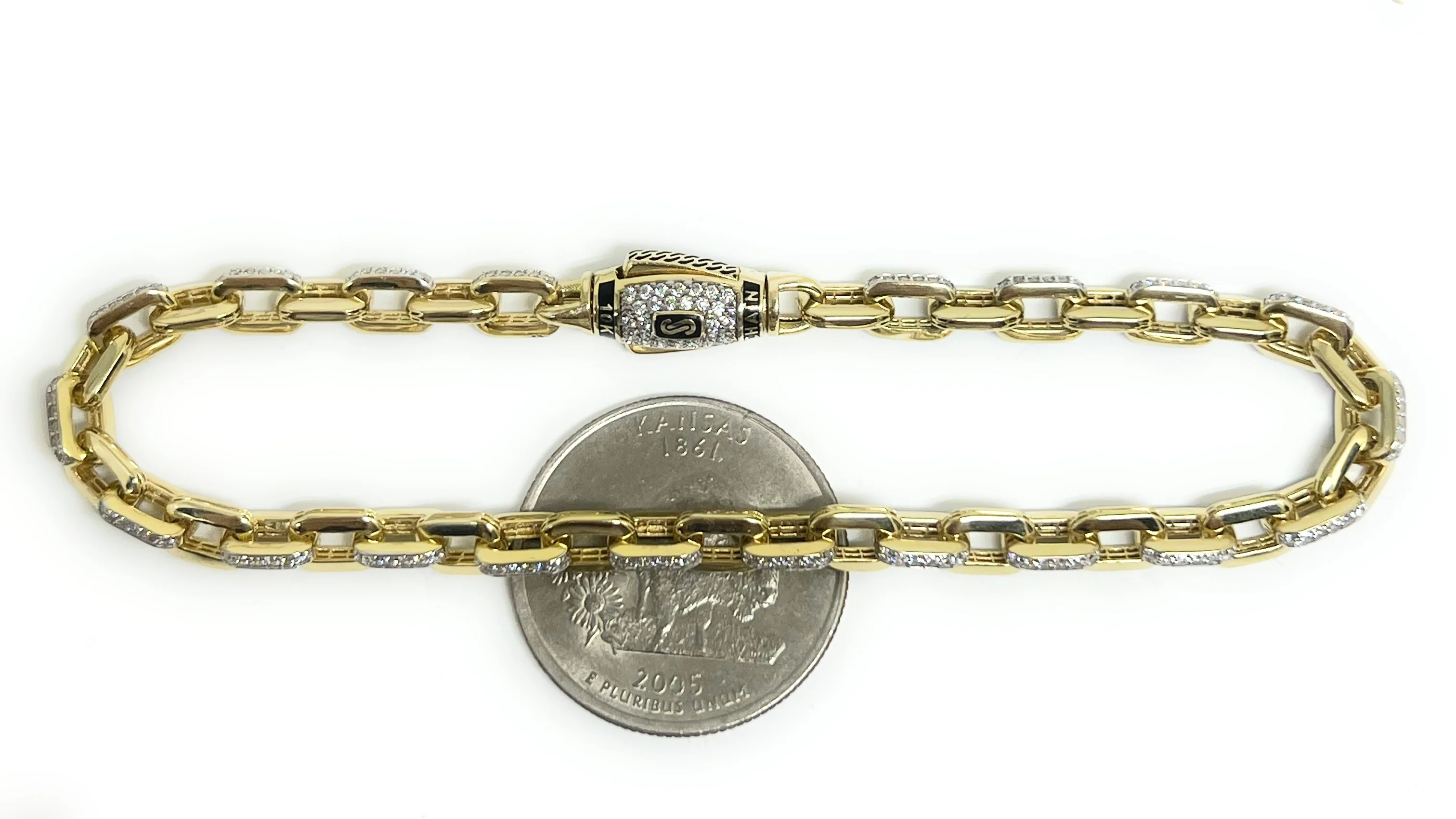 10k Solid Gold MONACO HERMES LINK CAVO ALTERNATE CZ BRRACELET WITH CZ LOCK 7-8 inch 5mm (SEMI-HOLLOW) - Image 3