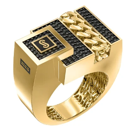 10k Solid Gold MONACO NERO CZ MENS SQUARE CUBAN LINK RING (NERO 15) - Image 3