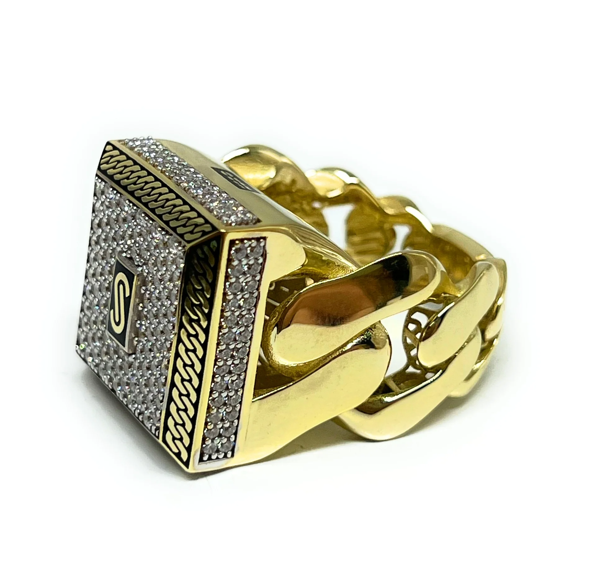 10k Solid Gold MONACO NERO CZ MENS SQUARE CUBAN LINK RING (NERO 2) - Image 5