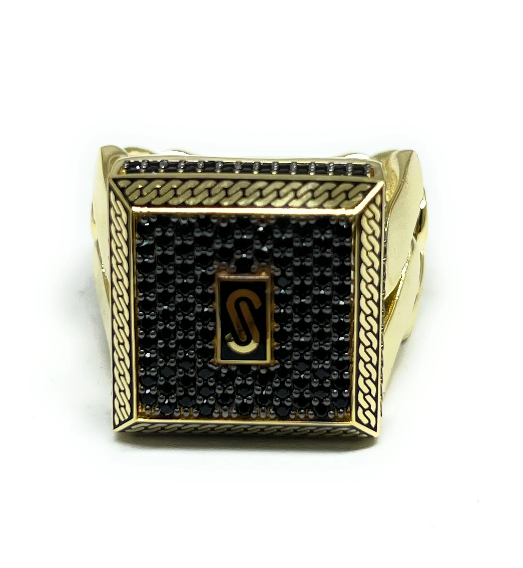 10k Solid Gold MONACO NERO CZ MENS SQUARE CUBAN LINK RING (NERO 2) - Image 7