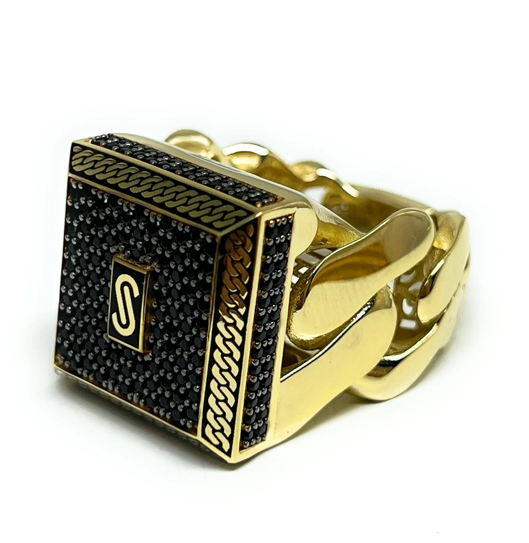 10k Solid Gold MONACO NERO CZ MENS SQUARE CUBAN LINK RING (NERO 2) - Image 8