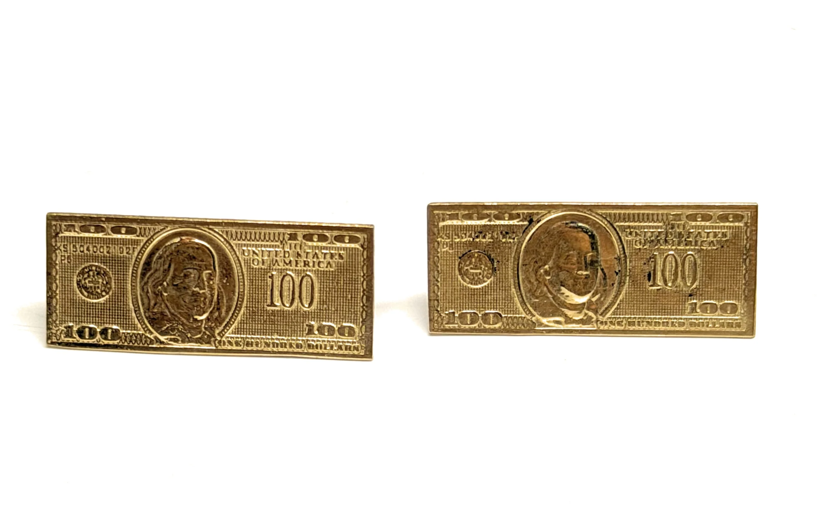10k Solid Gold Money Benjamin $100 Bill Earrings