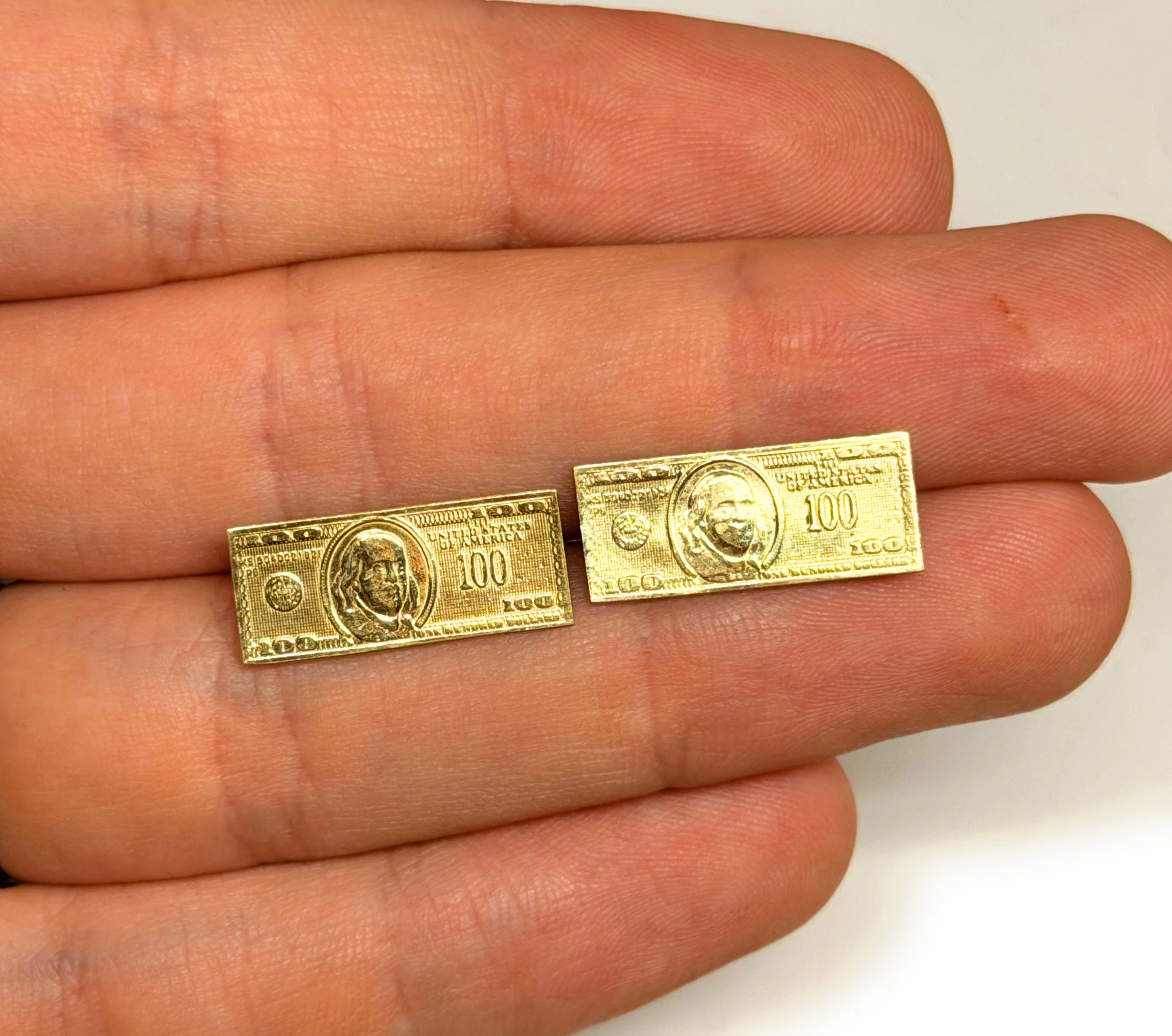 10k Solid Gold Money Benjamin $100 Bill Earrings - Image 2