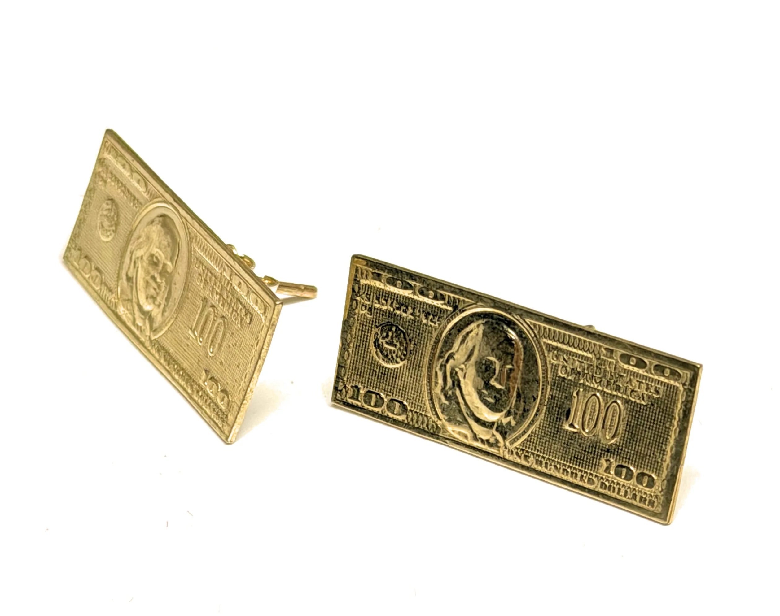10k Solid Gold Money Benjamin $100 Bill Earrings - Image 3