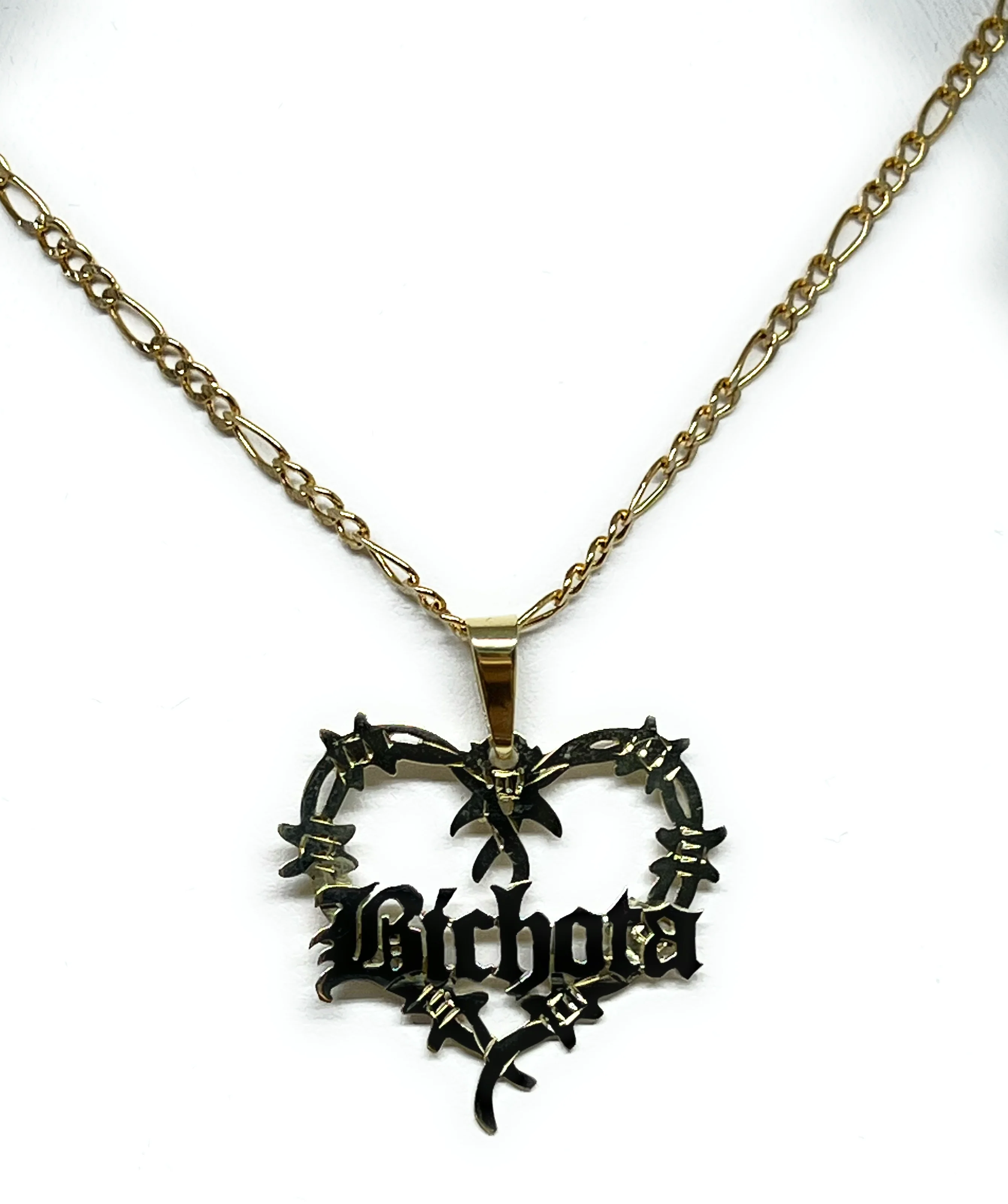 10k Solid Gold OLD ENGLISH Barbed Wire Heart "BICHOTA" Custom Nameplate Pendant Necklace Chain Options - Image 6