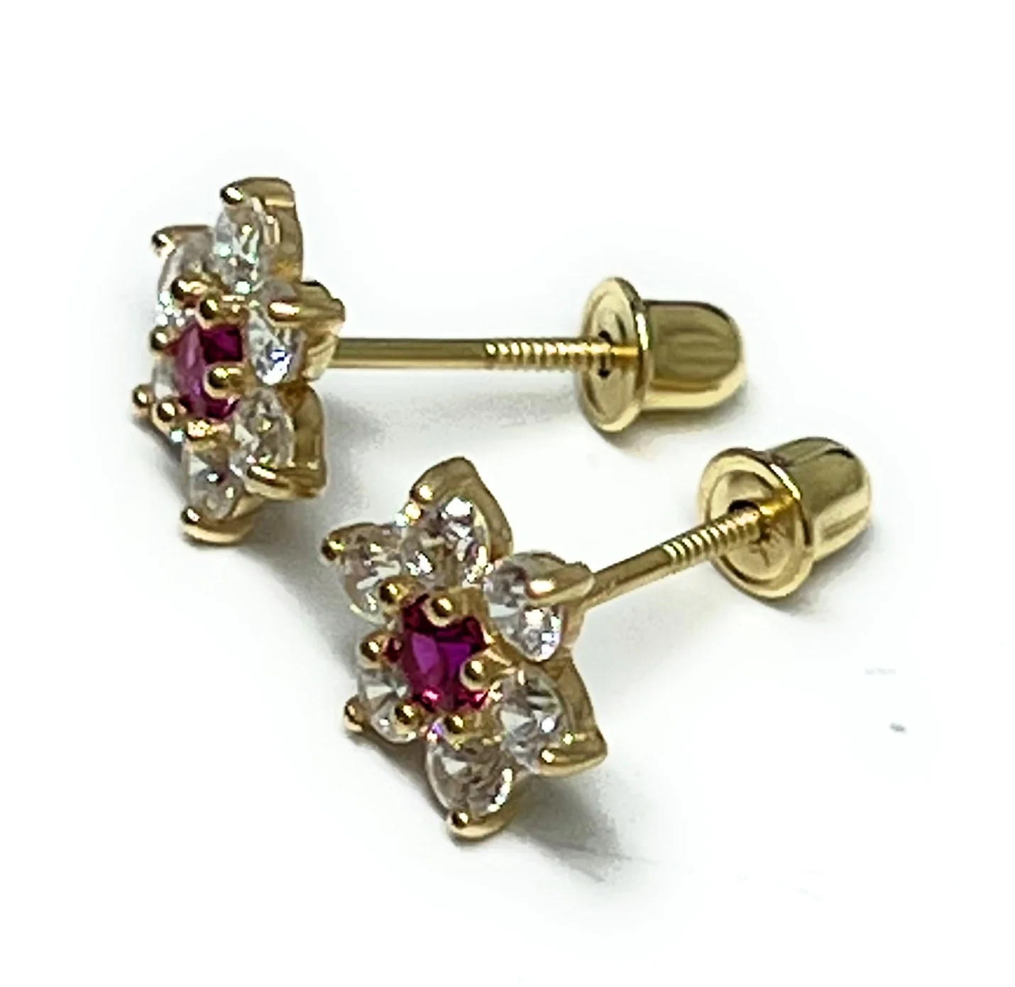 10k Solid Gold Red & White CZ Flower Mini Dainty Stud Earrings (FCE 06) - Image 2