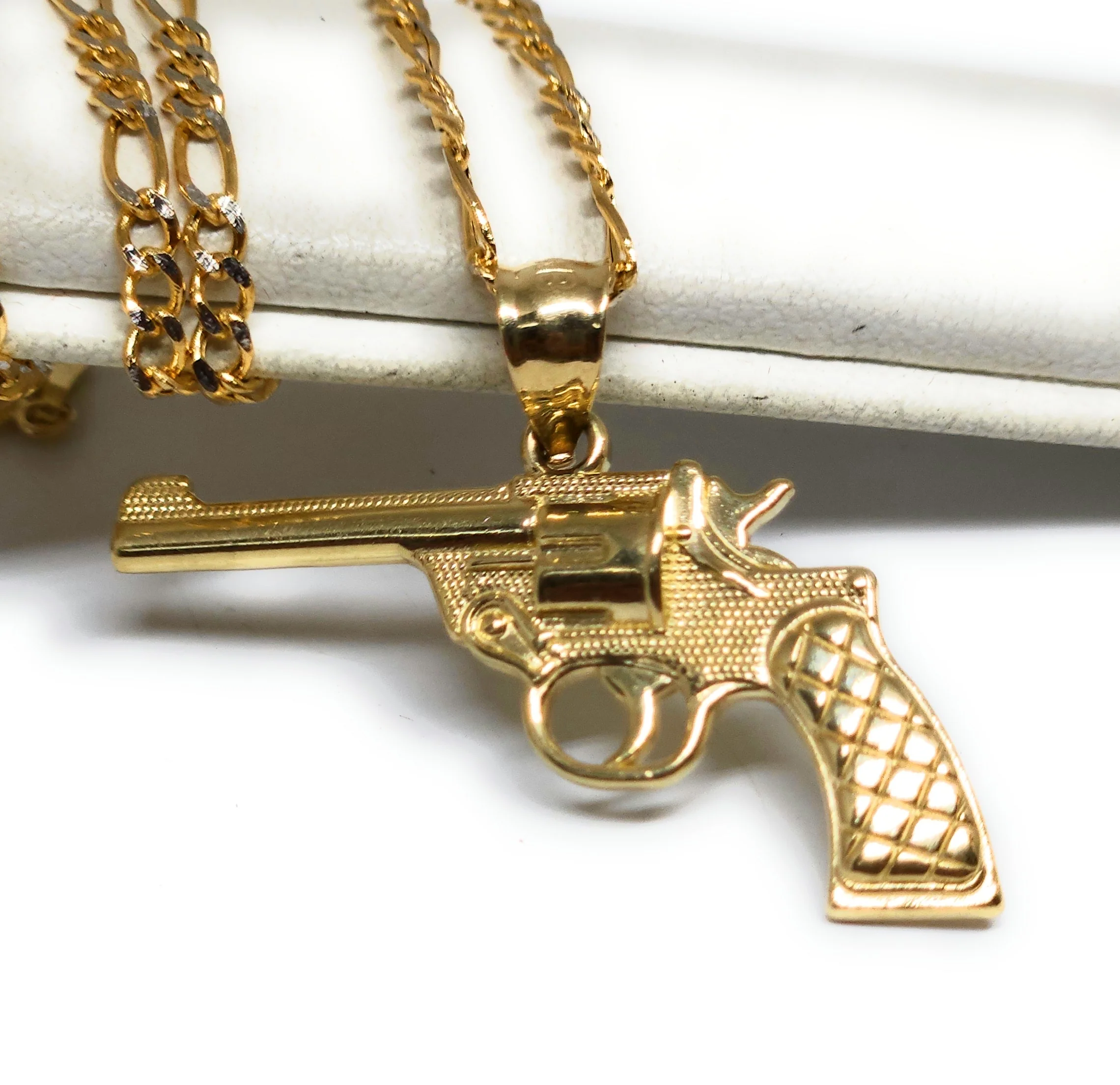 10k Solid Gold Revolver Pistol Pendant Necklace