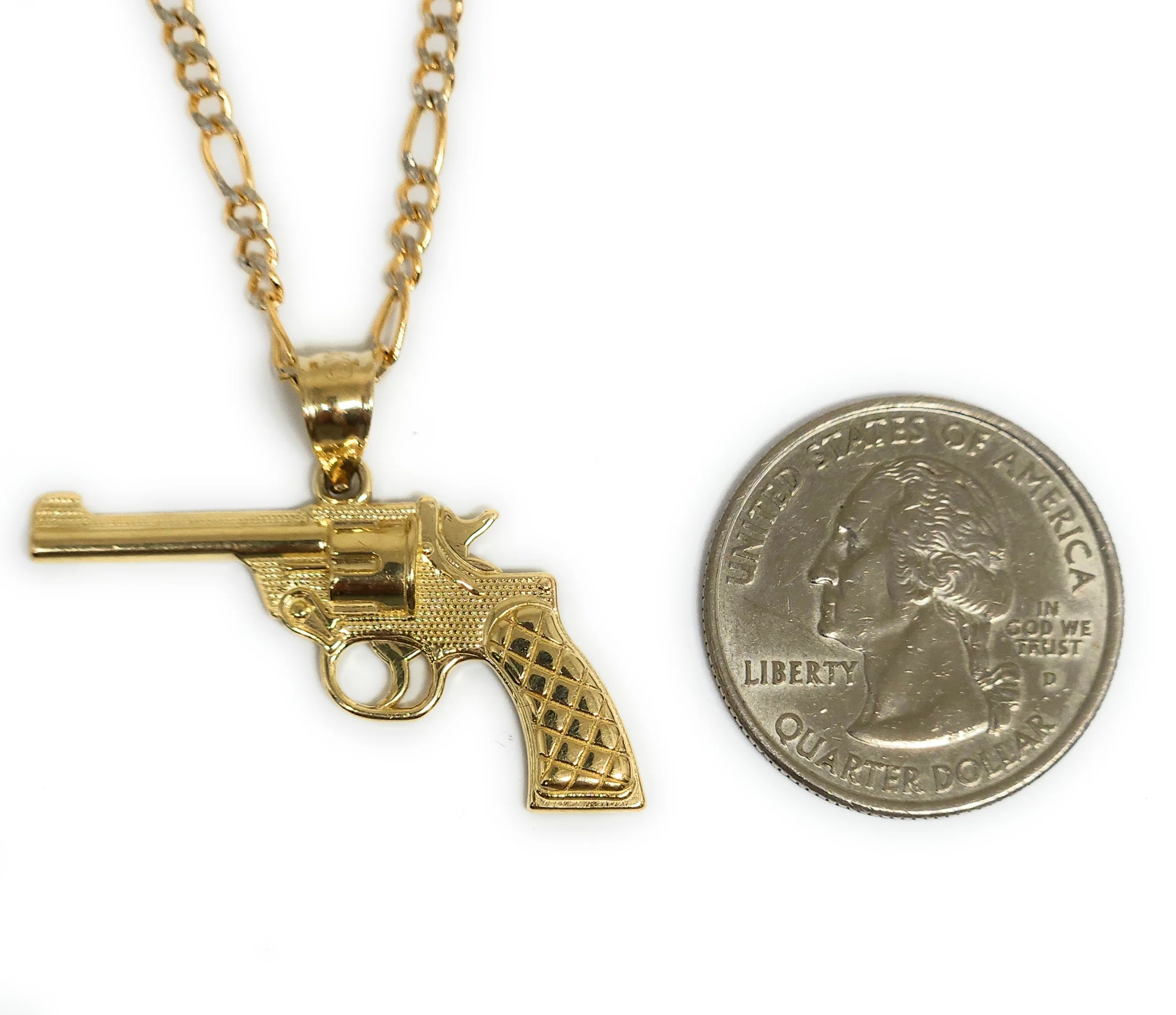 10k Solid Gold Revolver Pistol Pendant Necklace - Image 2