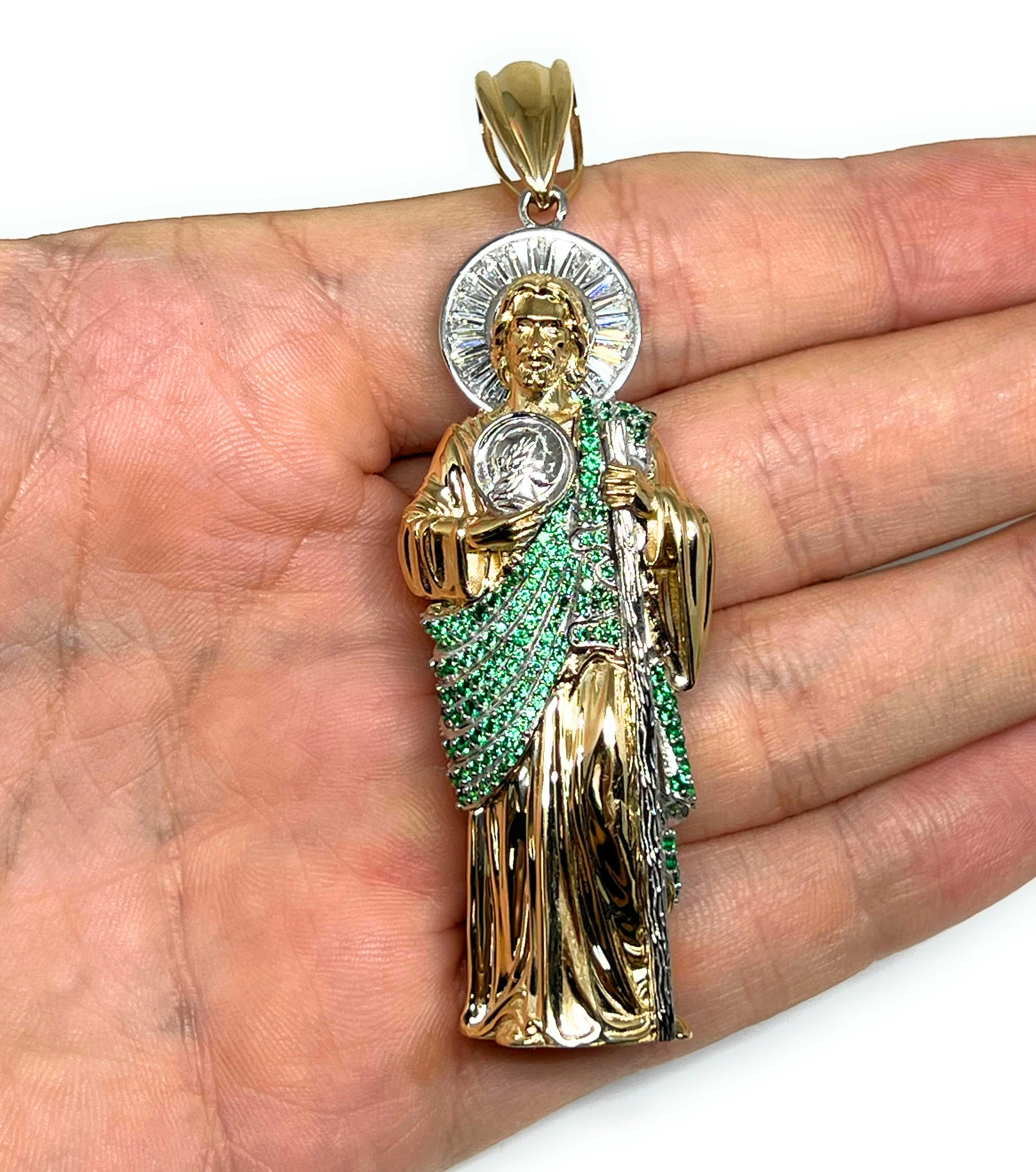 10k Solid Gold Saan Judas Saaint Jude 3D BIG XXL 3.5 INCH Pendant Green CZ FULL 3D Statue (FC) (35.6g) - Image 3