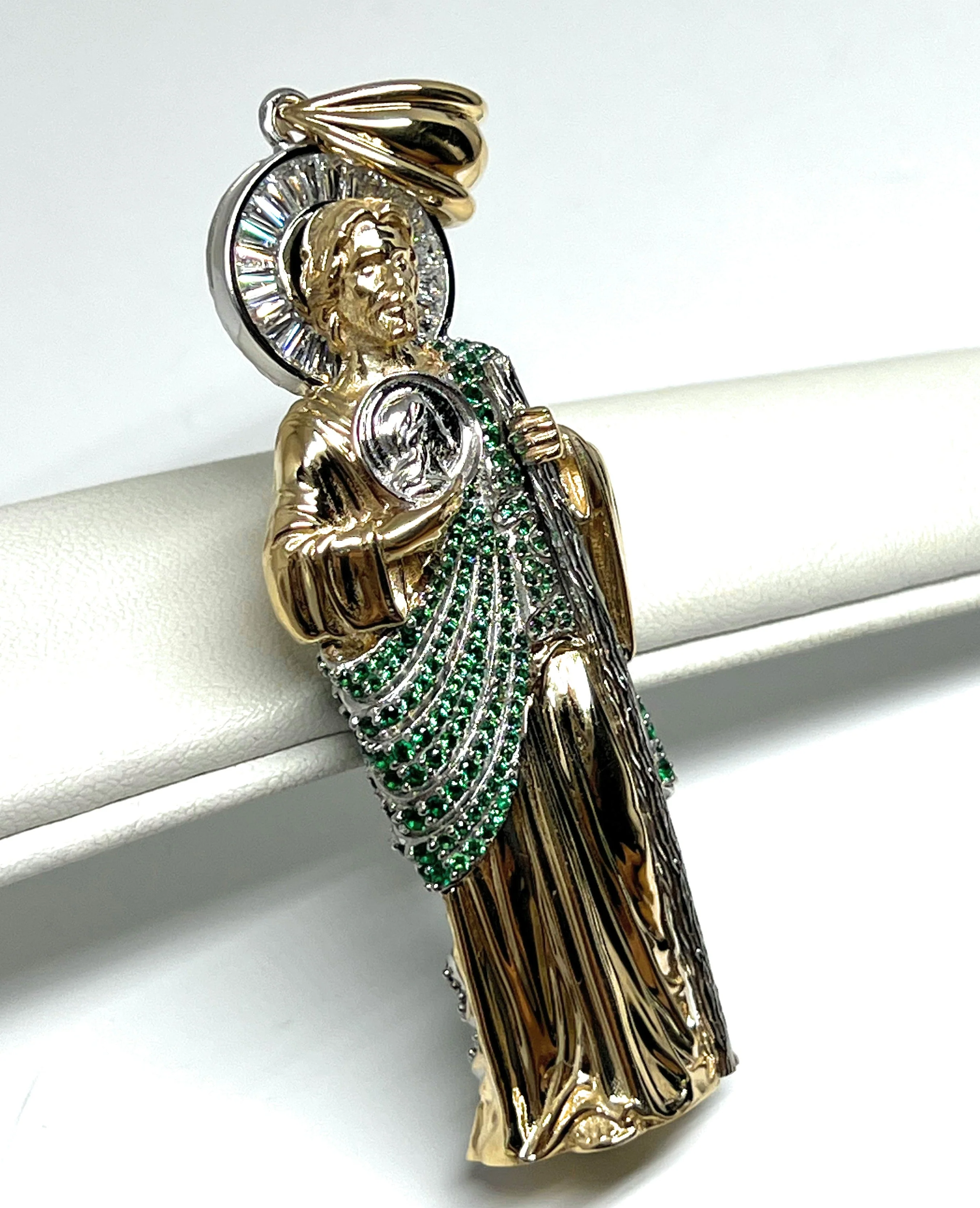 10k Solid Gold Saan Judas Saaint Jude 3D BIG XXL 3.5 INCH Pendant Green CZ FULL 3D Statue (FC) (35.6g) - Image 4