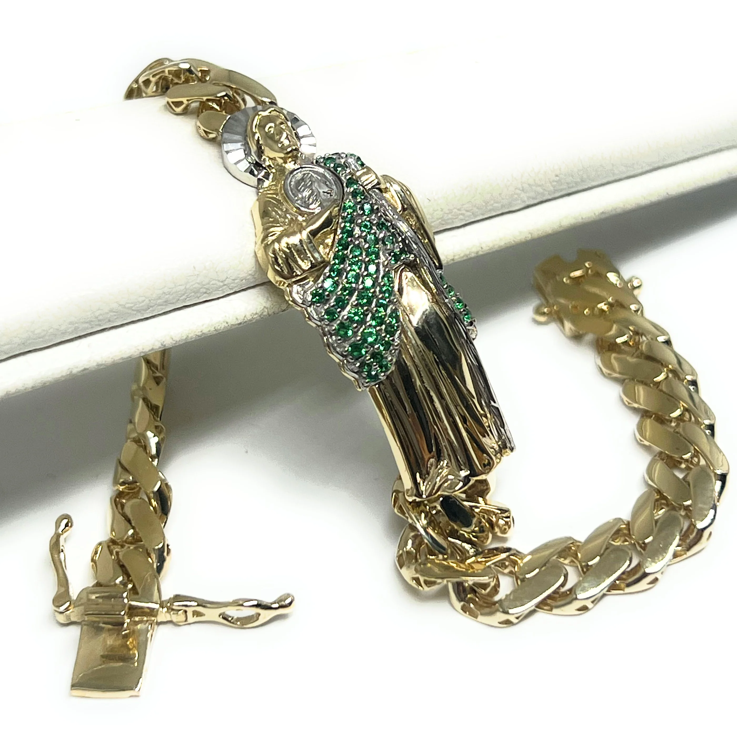 10k Solid Gold SAAN JUDAS SAAINT JUDE 3D GREEN CZ Brracelet 7-9 inch (13g) - Image 2
