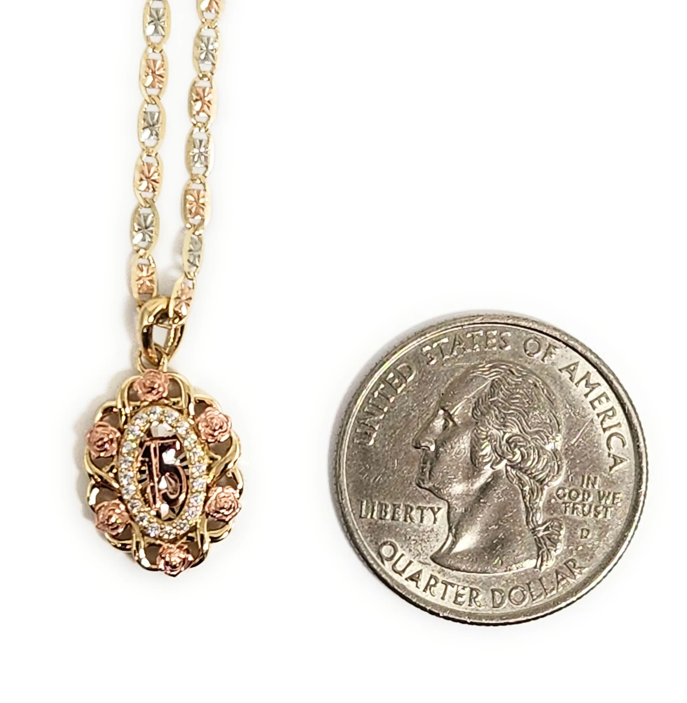 10k Solid Gold Tri-Color Mis 15 Años CZ Flower Pendant Necklace (FC) - Image 2
