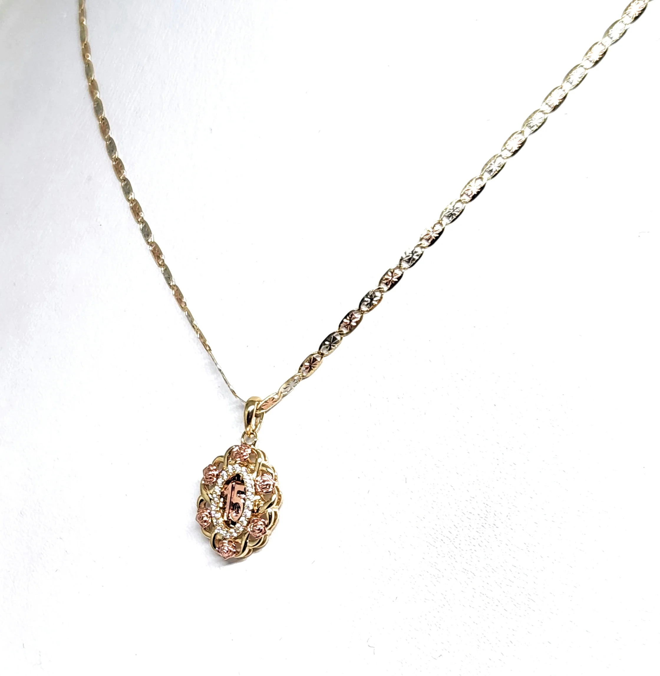 10k Solid Gold Tri-Color Mis 15 Años CZ Flower Pendant Necklace (FC) - Image 3