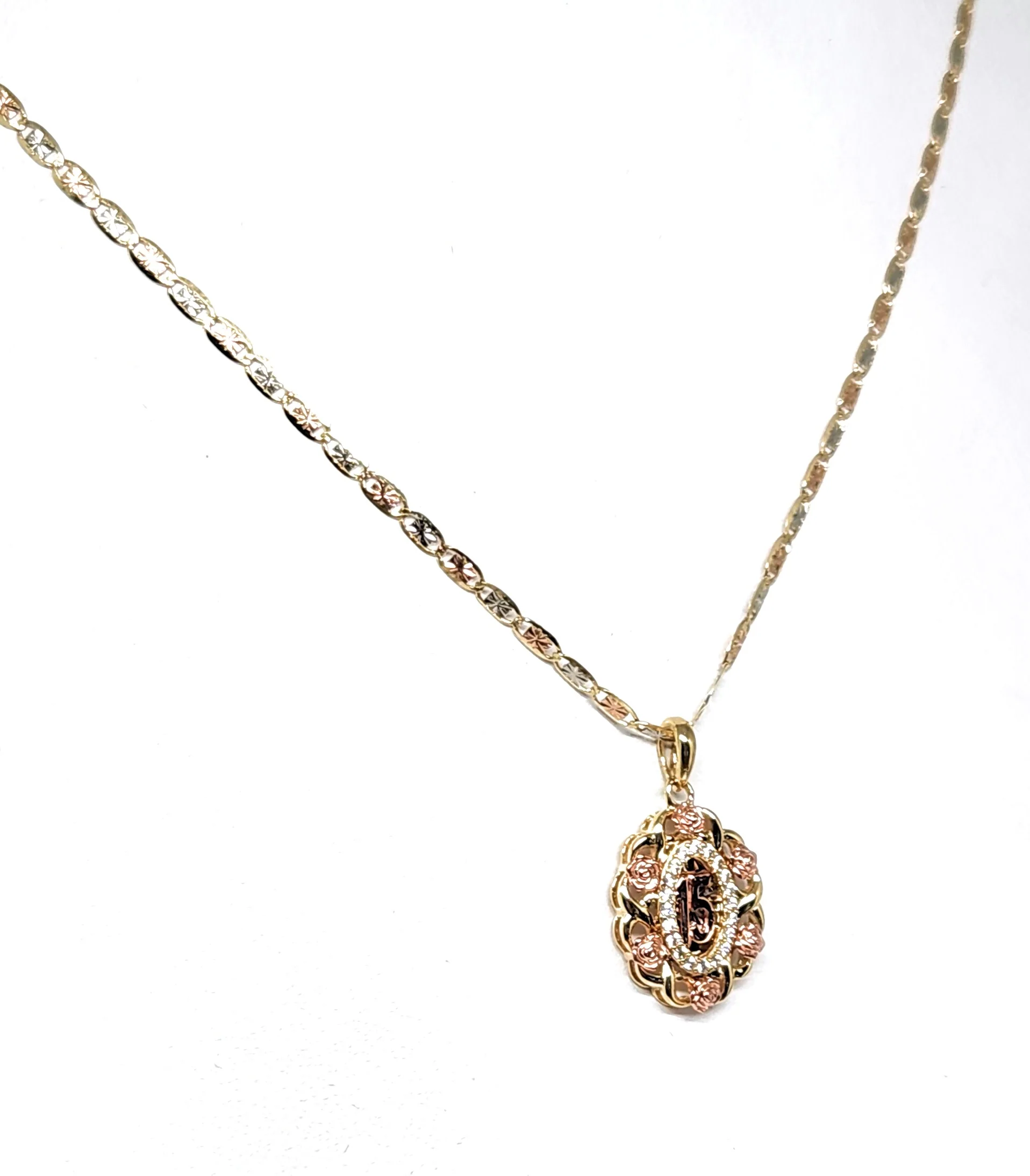 10k Solid Gold Tri-Color Mis 15 Años CZ Flower Pendant Necklace (FC) - Image 4