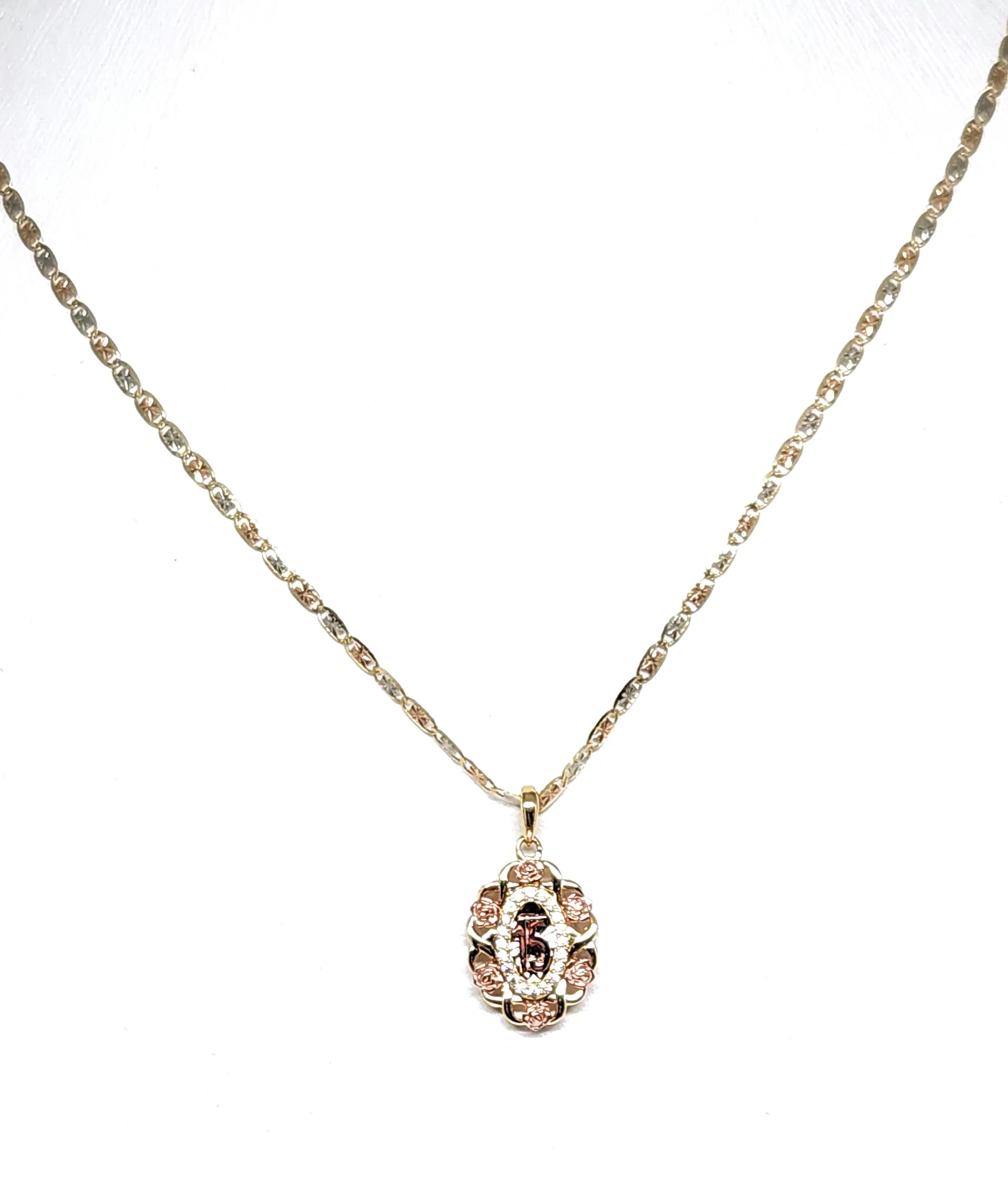 10k Solid Gold Tri-Color Mis 15 Años CZ Flower Pendant Necklace (FC) - Image 5