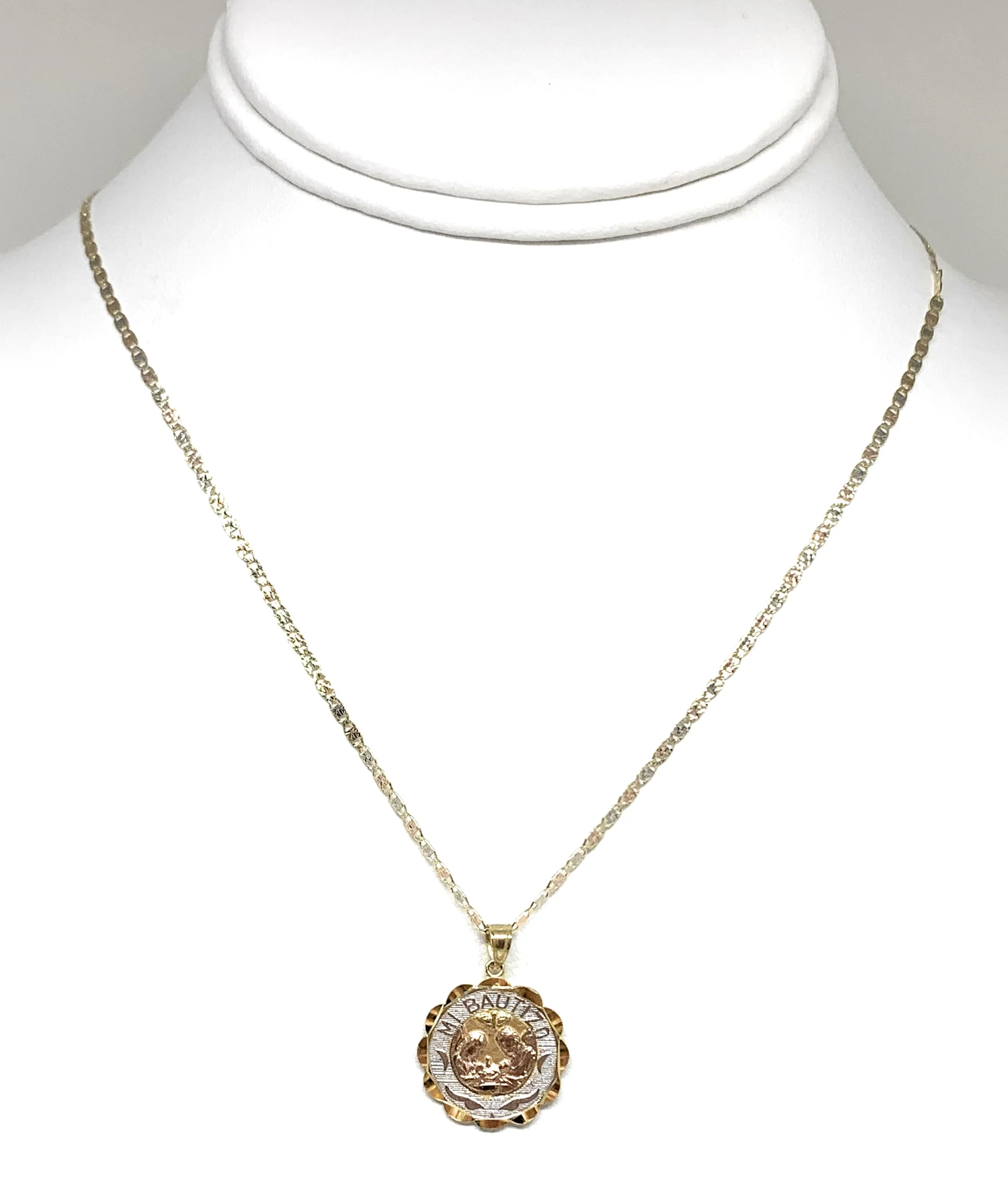 10k Solid Gold Tri-Color Baptism Bautizo Pendant Necklace For Kids Valentina Chain - Image 3