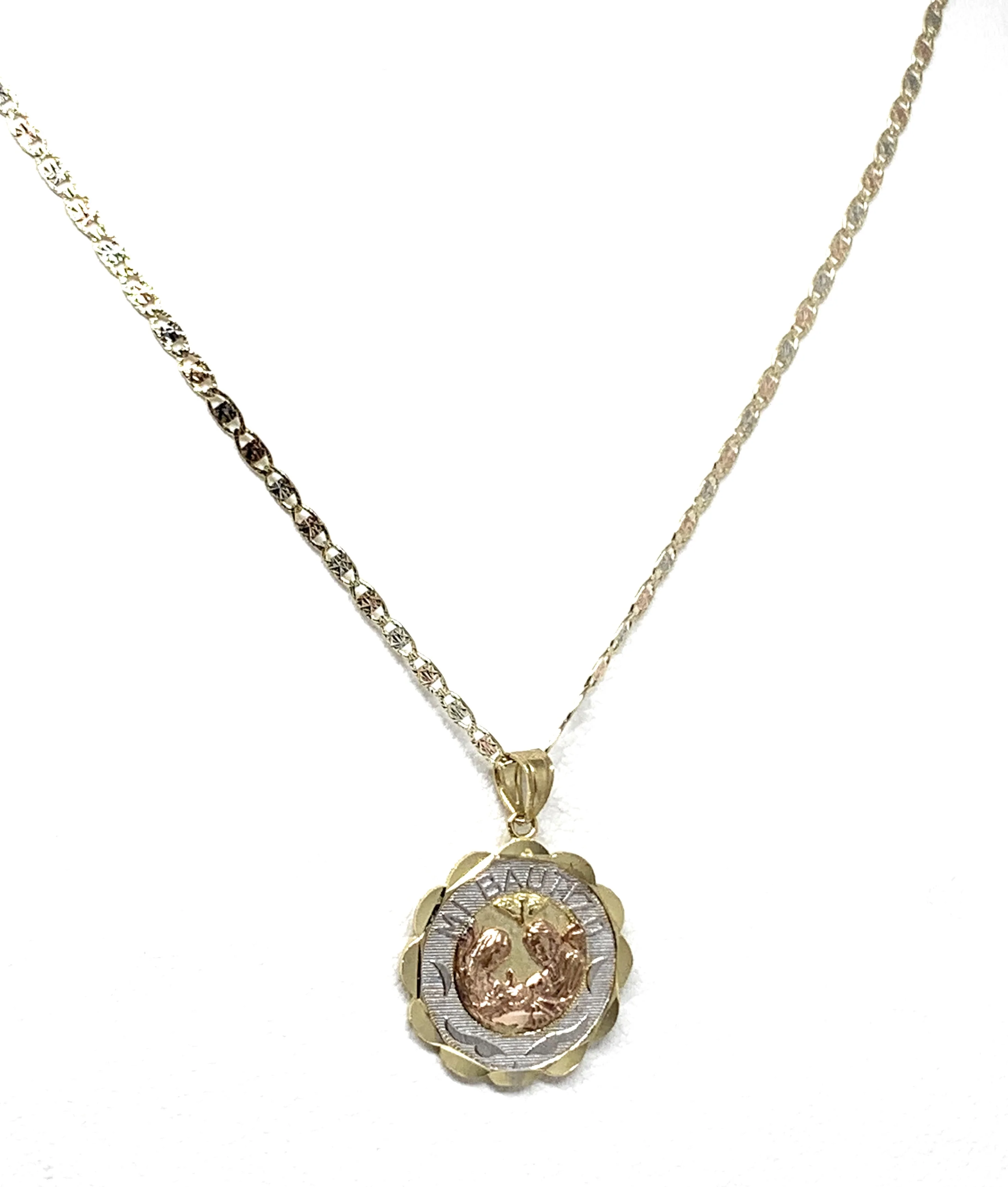 10k Solid Gold Tri-Color Baptism Bautizo Pendant Necklace For Kids Valentina Chain - Image 5