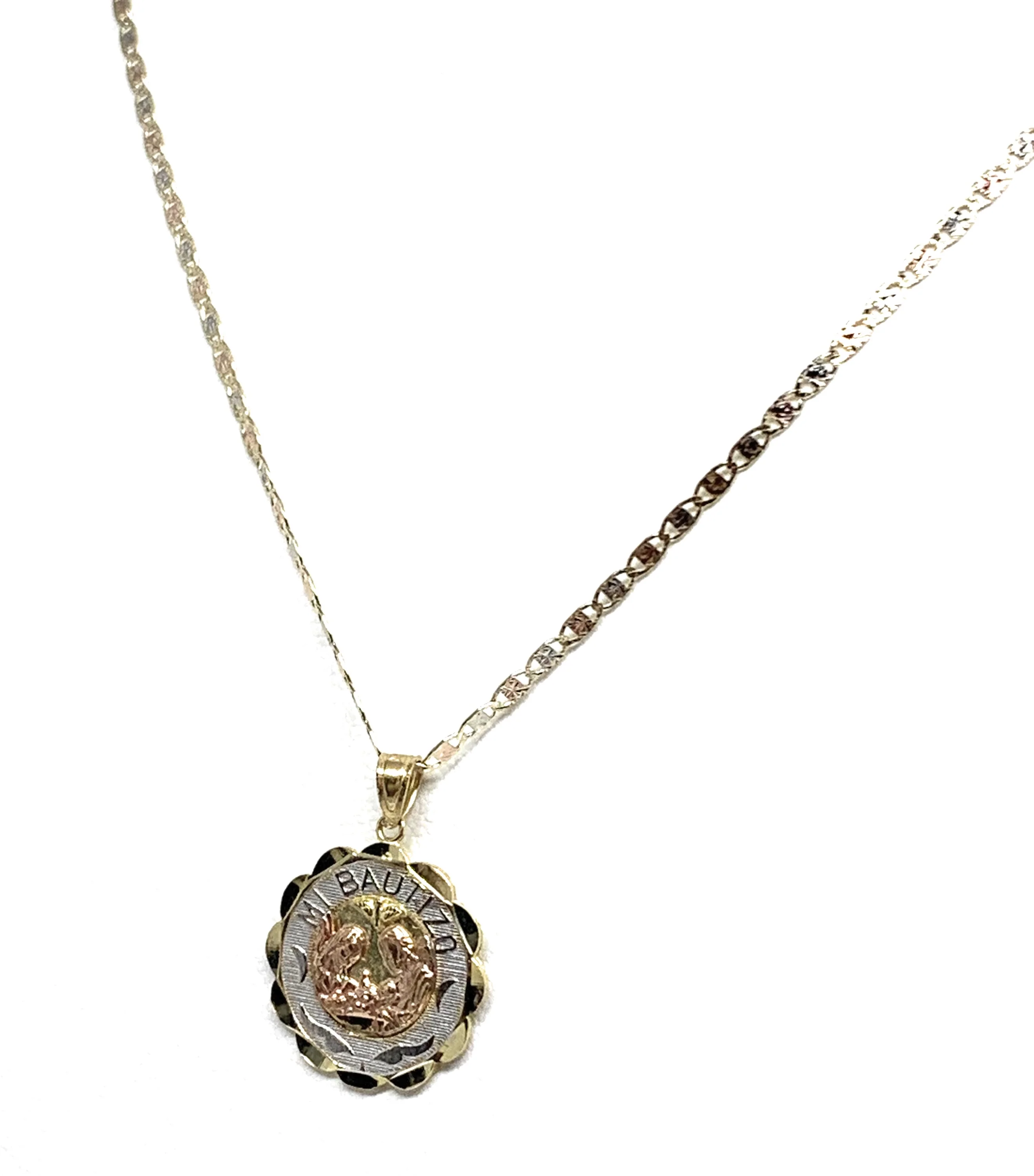 10k Solid Gold Tri-Color Baptism Bautizo Pendant Necklace For Kids Valentina Chain - Image 6