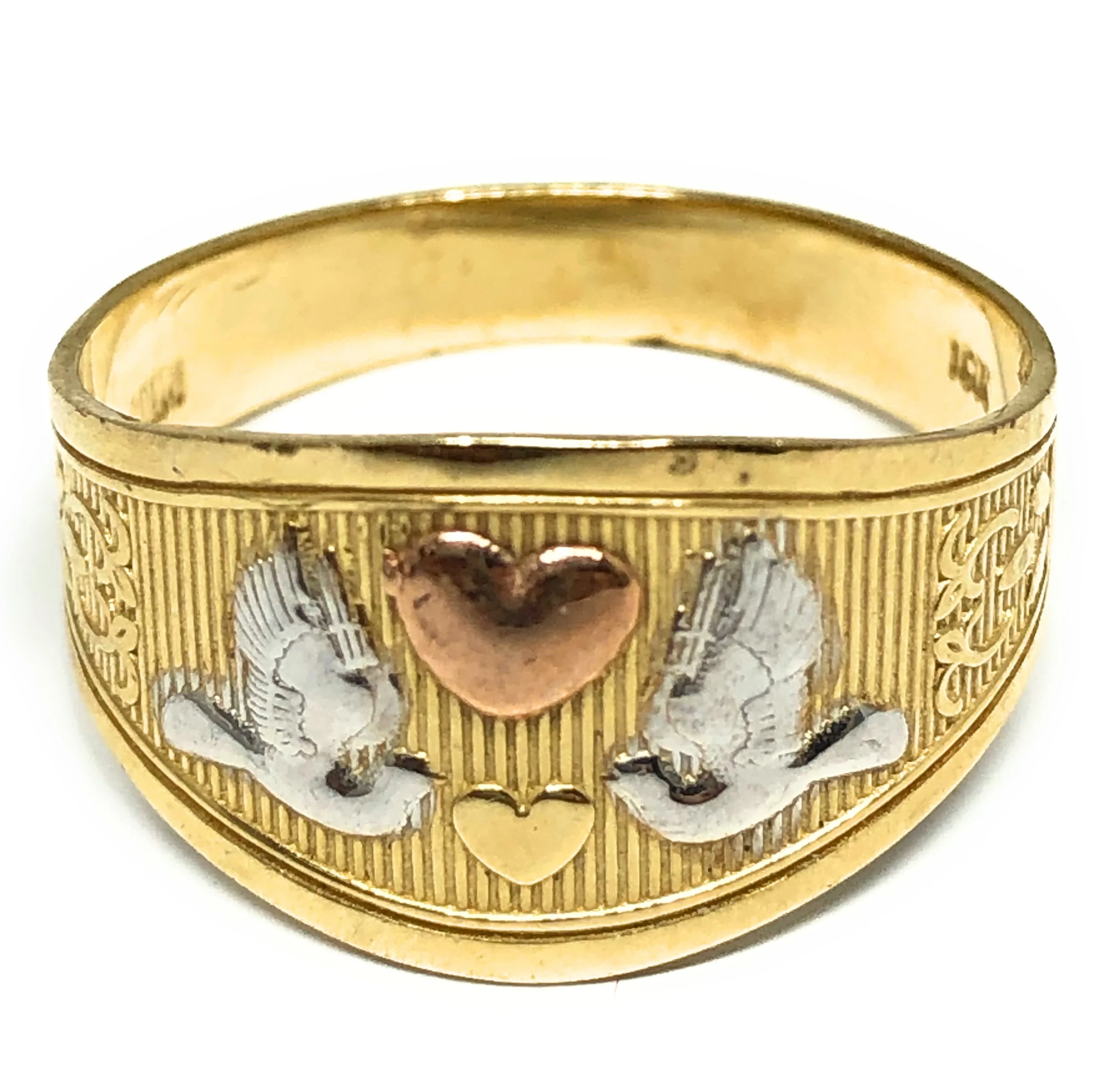 10k Solid Gold Tri-Color Birds & Hearts Ring