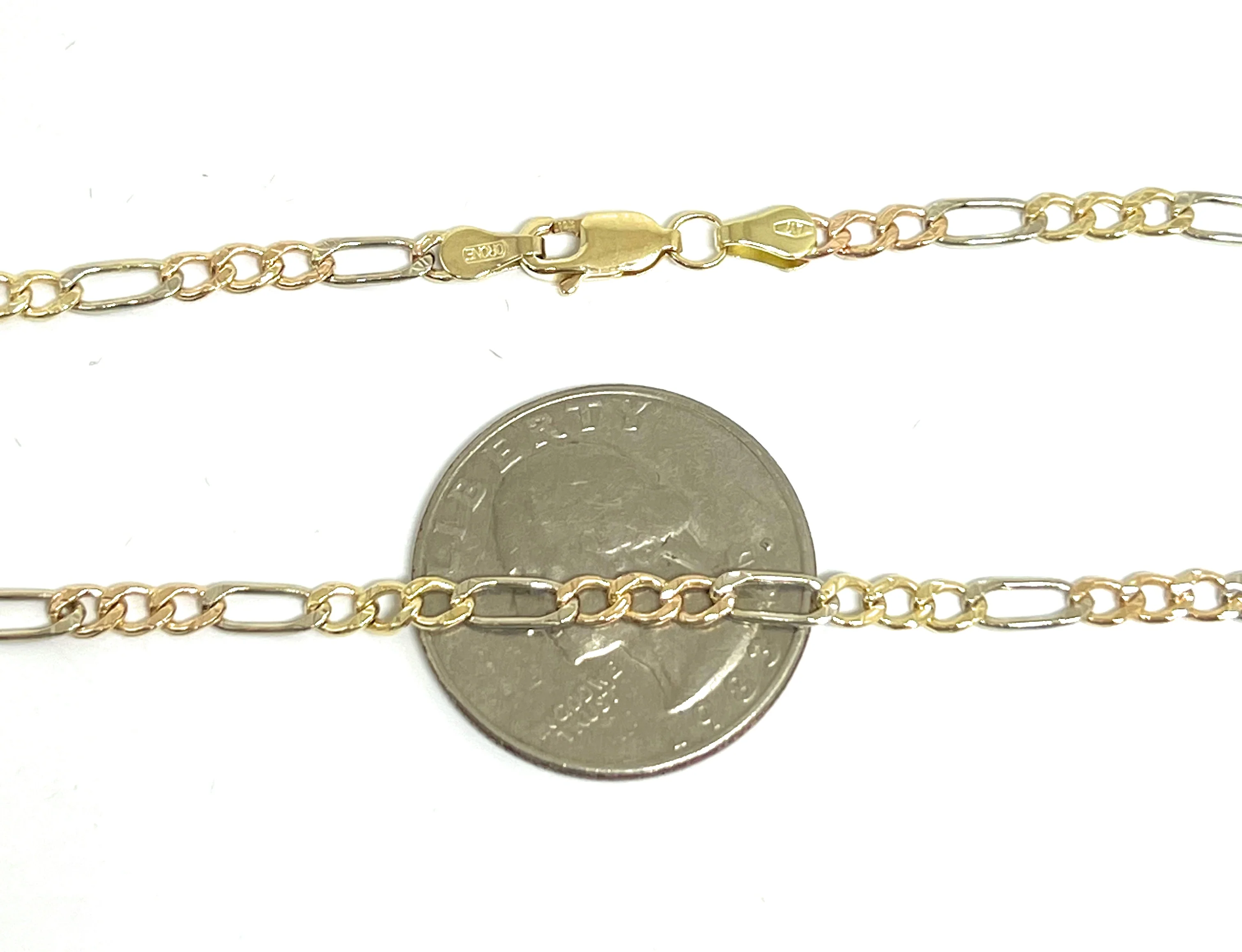 10k Solid Gold TRI-COLOR Figaro Chain  16-24 inches 3.5mm (Semi-Hollow Style) - Image 3