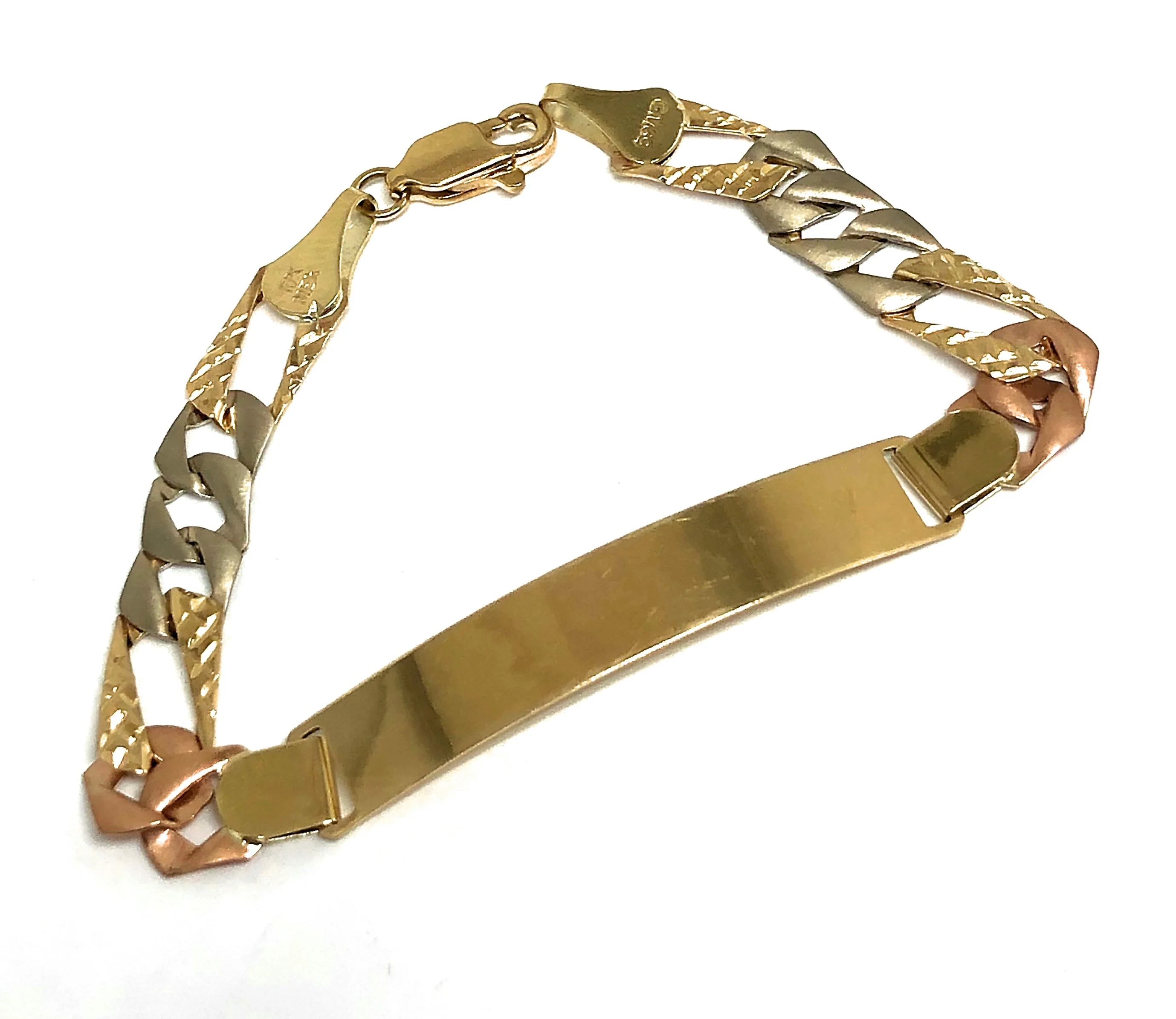 10k Solid Gold Tri-Color Figaro ID Brracelet 6-8 inch 6.5mm width (Free Engraving, Email us name!) - Image 2