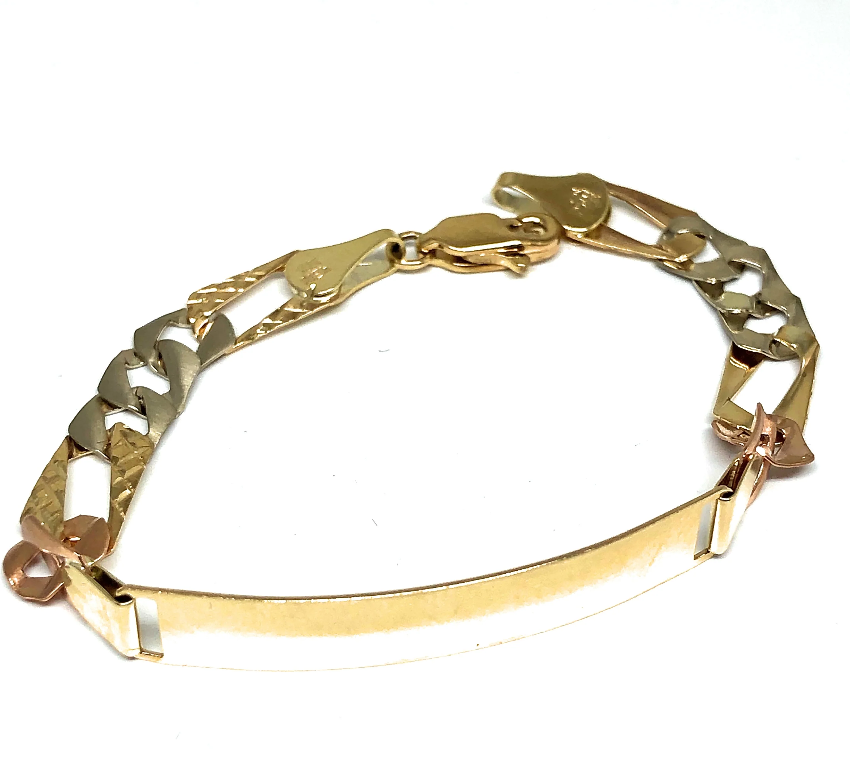 10k Solid Gold Tri-Color Figaro ID Brracelet 6-8 inch 6.5mm width (Free Engraving, Email us name!) - Image 3