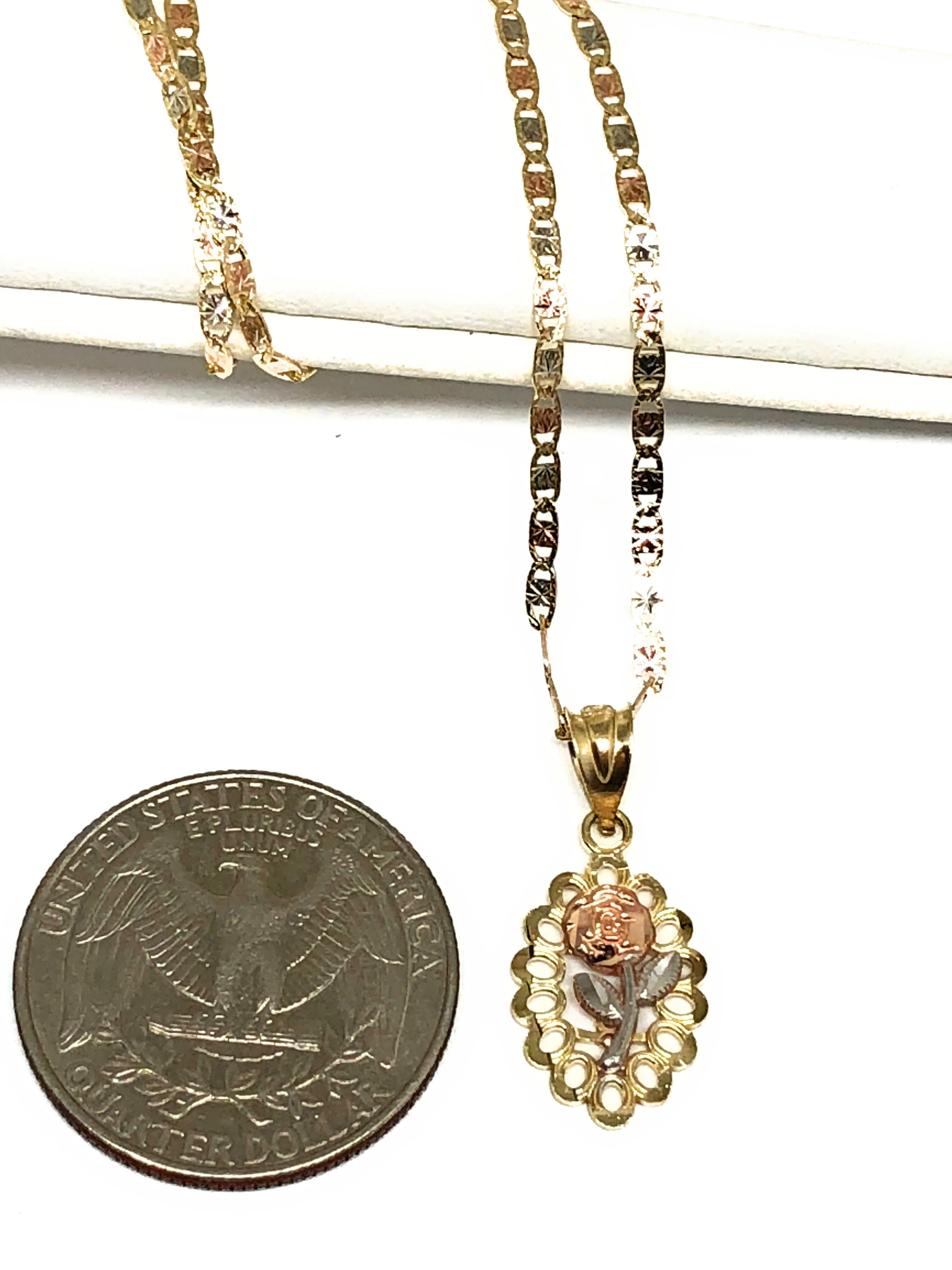 10k Solid Gold Tri-Color Flower Pendant Necklace Tri-Color Valentina Chain - Image 3