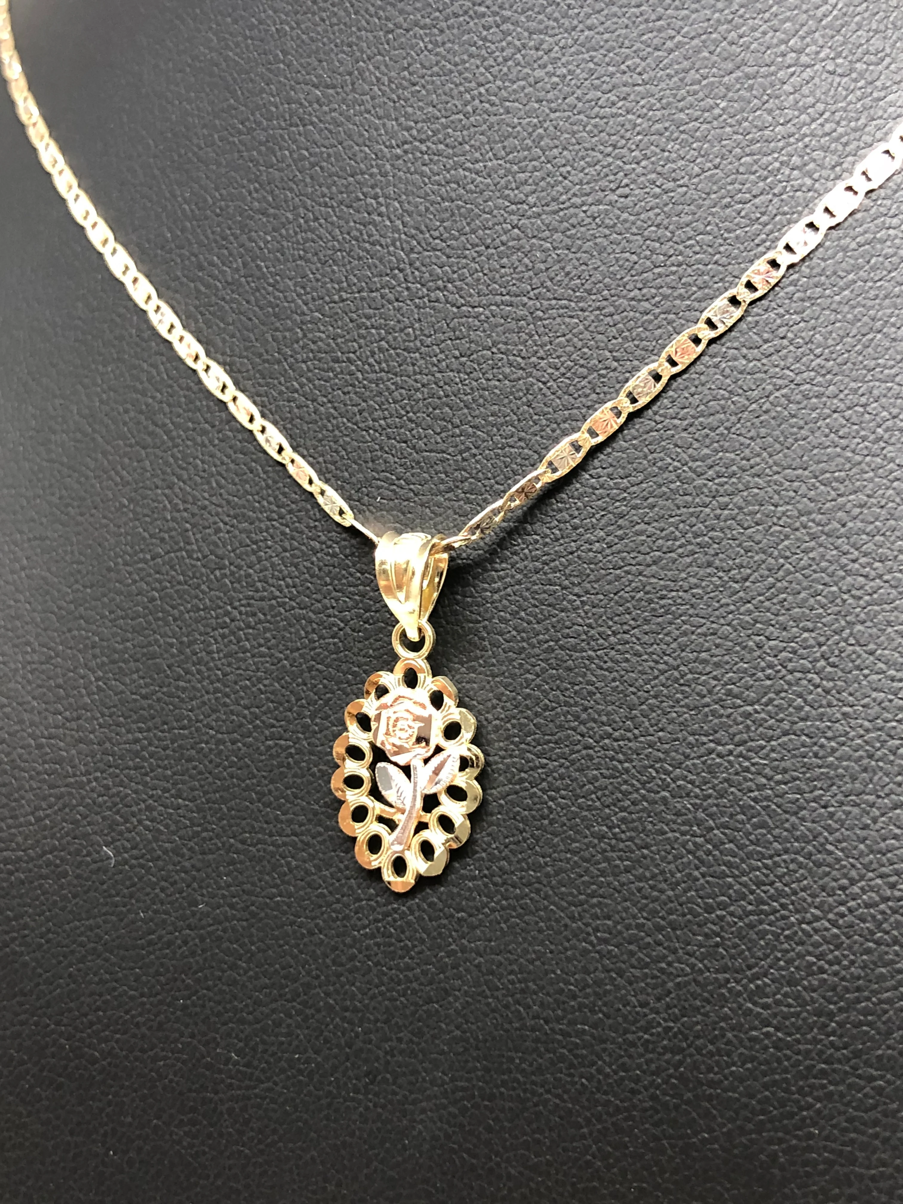 10k Solid Gold Tri-Color Flower Pendant Necklace Tri-Color Valentina Chain - Image 7