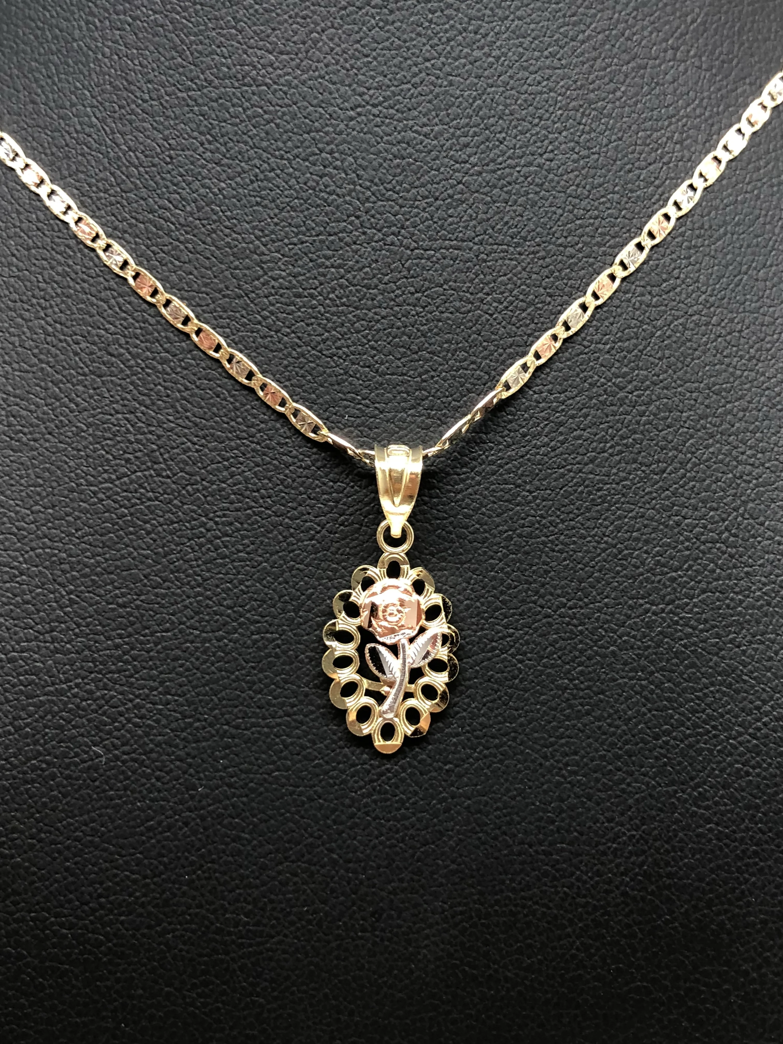 10k Solid Gold Tri-Color Flower Pendant Necklace Tri-Color Valentina Chain - Image 8