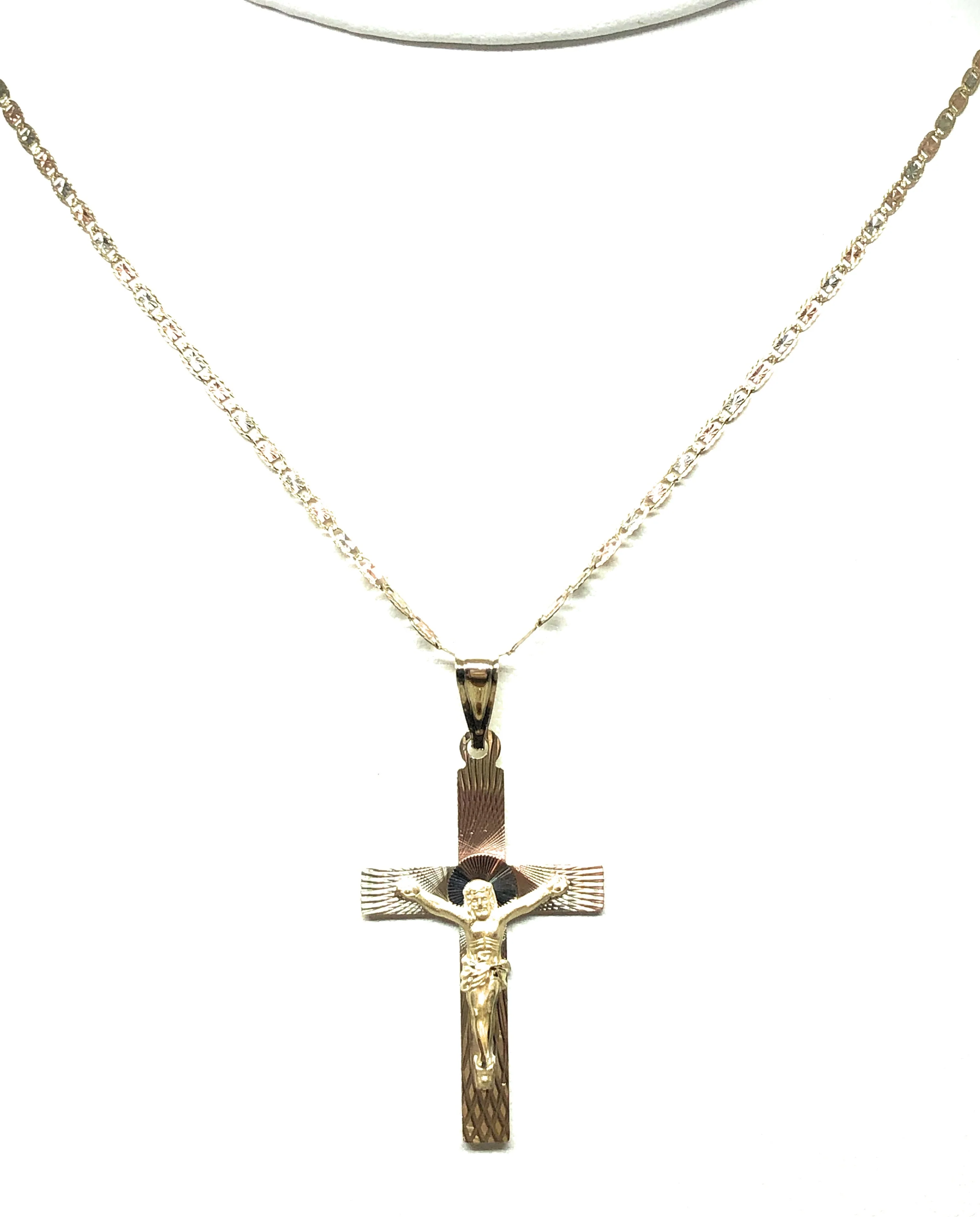 10k Solid Gold Tri-Color Laser Cut Classic Jesus Cross Pendant Necklace Crucifix Valentina Chain (MADE IN MX) - Image 5